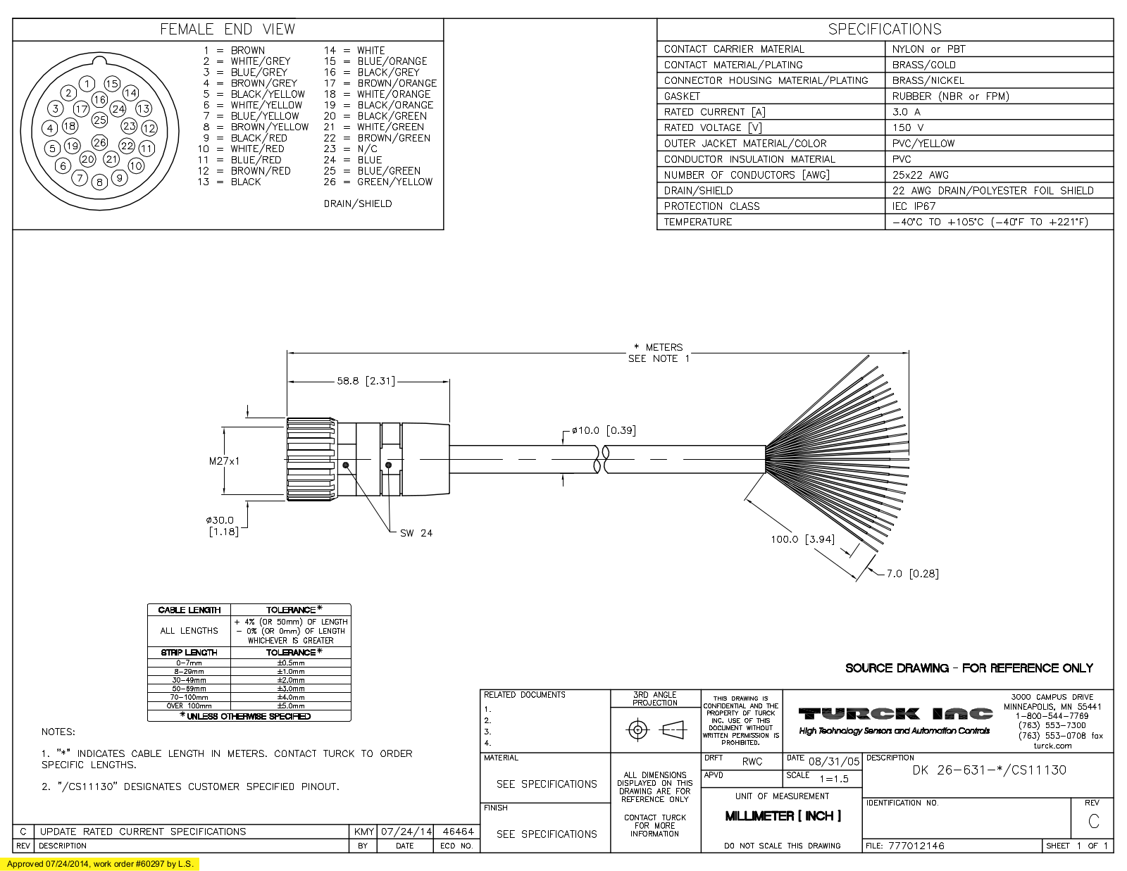 Turck DK26-631-10/CS11130 Specification Sheet