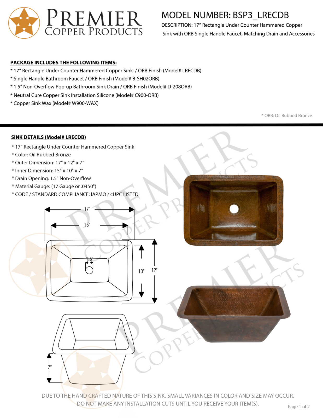 Premier Copper Products IER1635 Specifications - ManualMachine.com