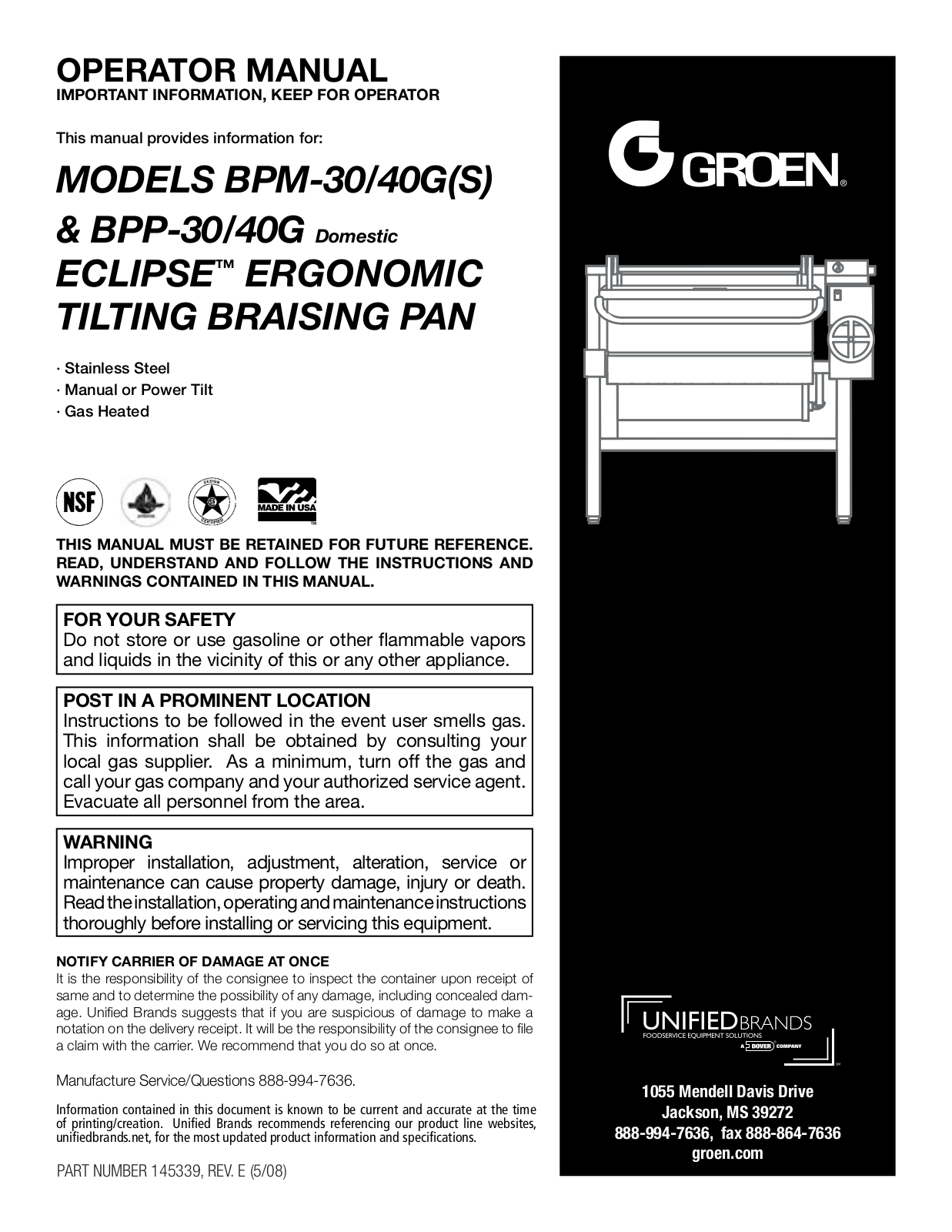 Groen BPP-30G(S), BPP-40G(S) Operation Manual