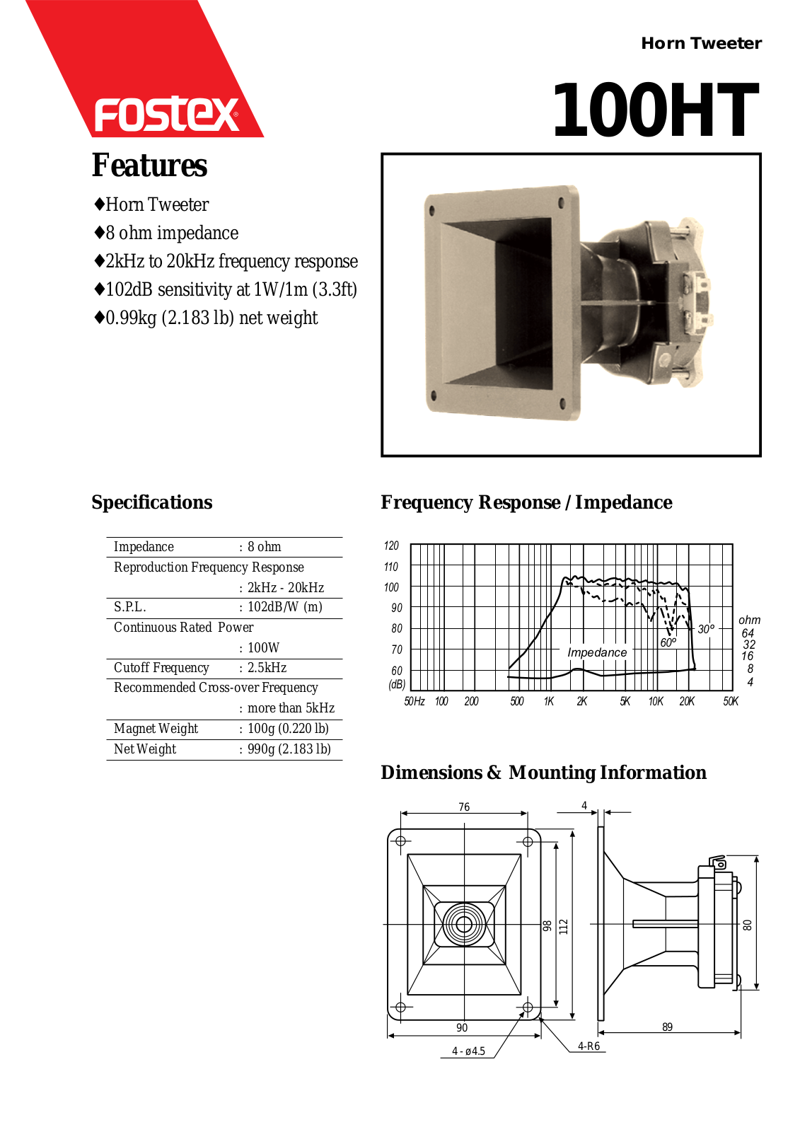 Fostex 100HT DATA SHEET