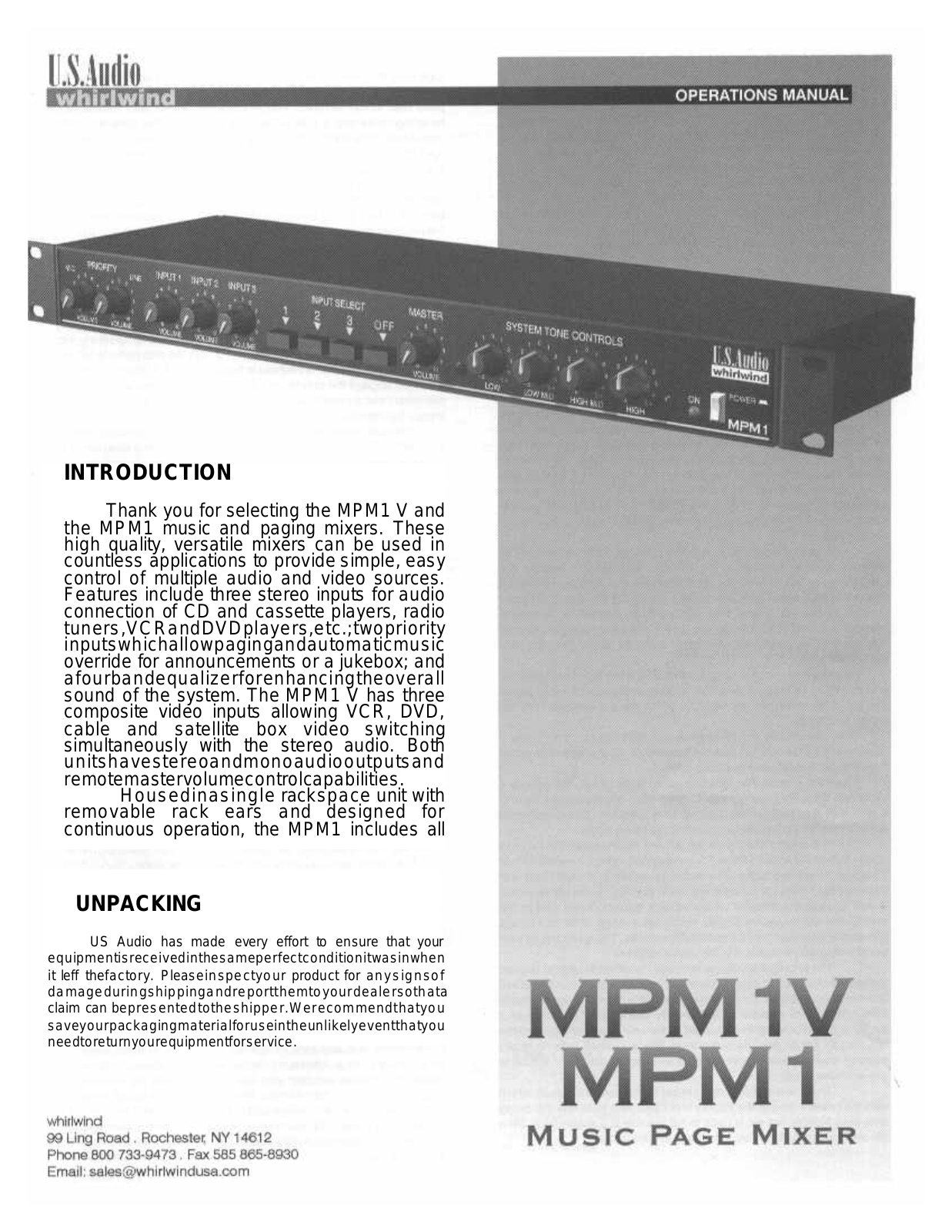 Whirlwind MPM-1, MPM-1V User Manual