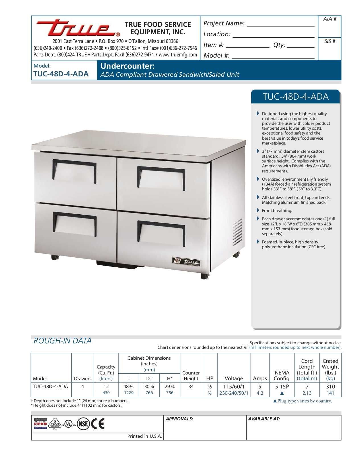 True TUC-48D-4-ADA User Manual