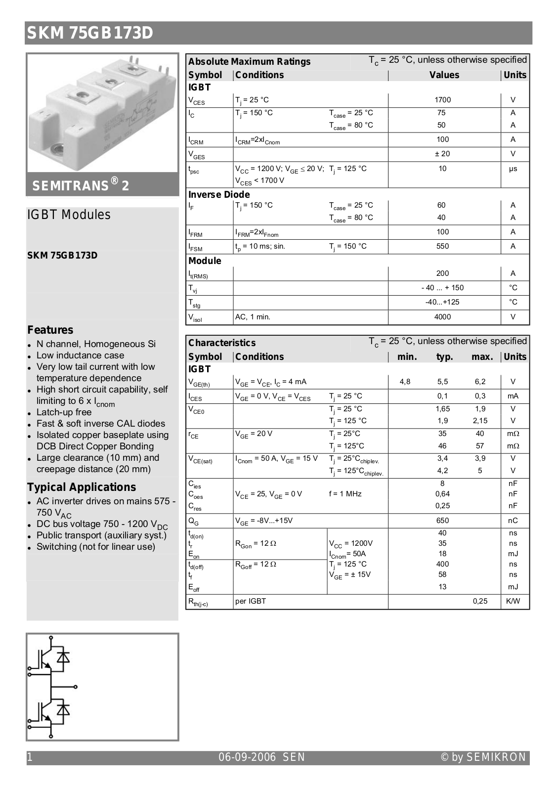 Semikron SKM75GB173D Data Sheet