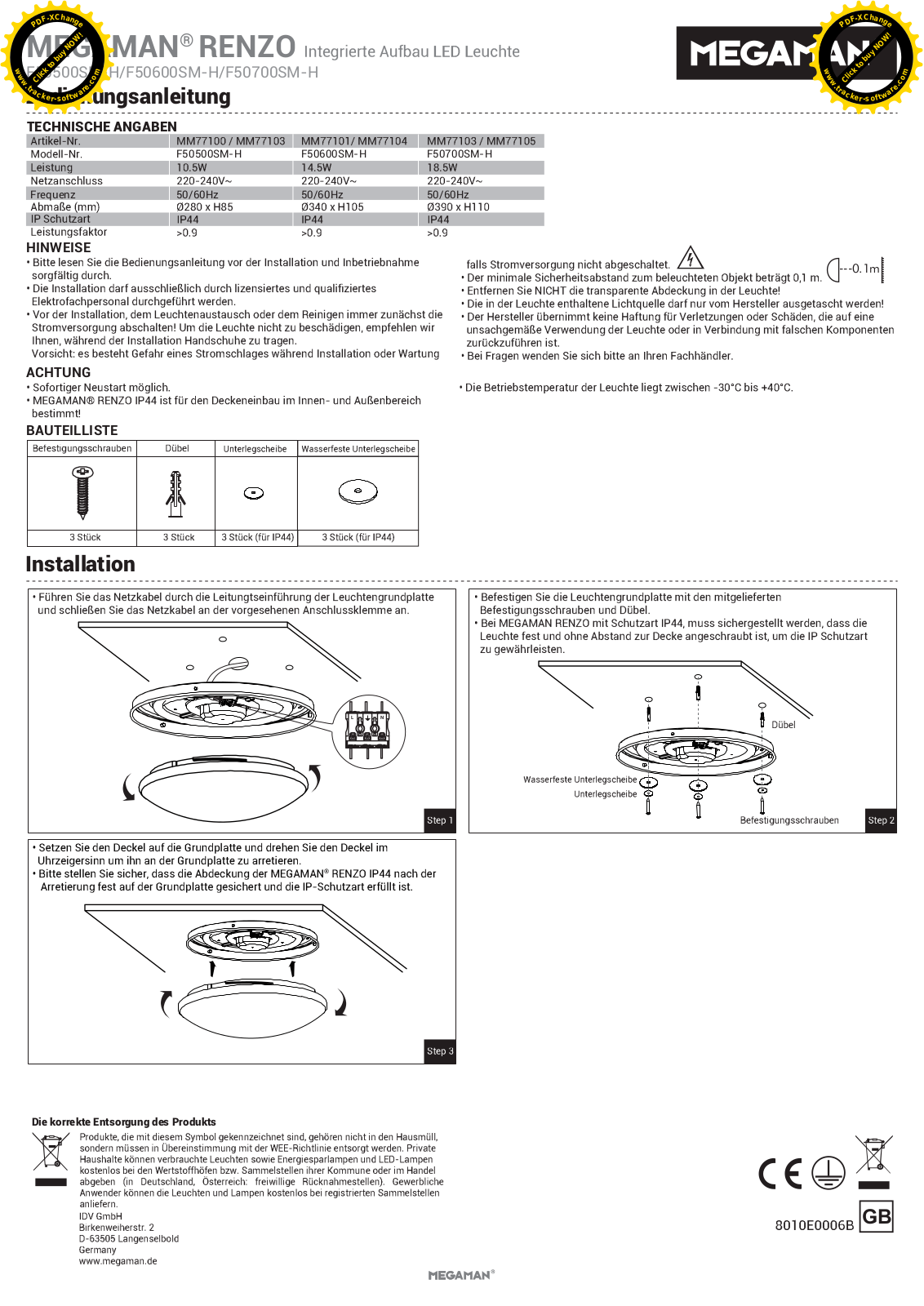 Megaman F50500SM-H, F50600SM-H, F50700SM-H, MM77100, MM77103 User guide