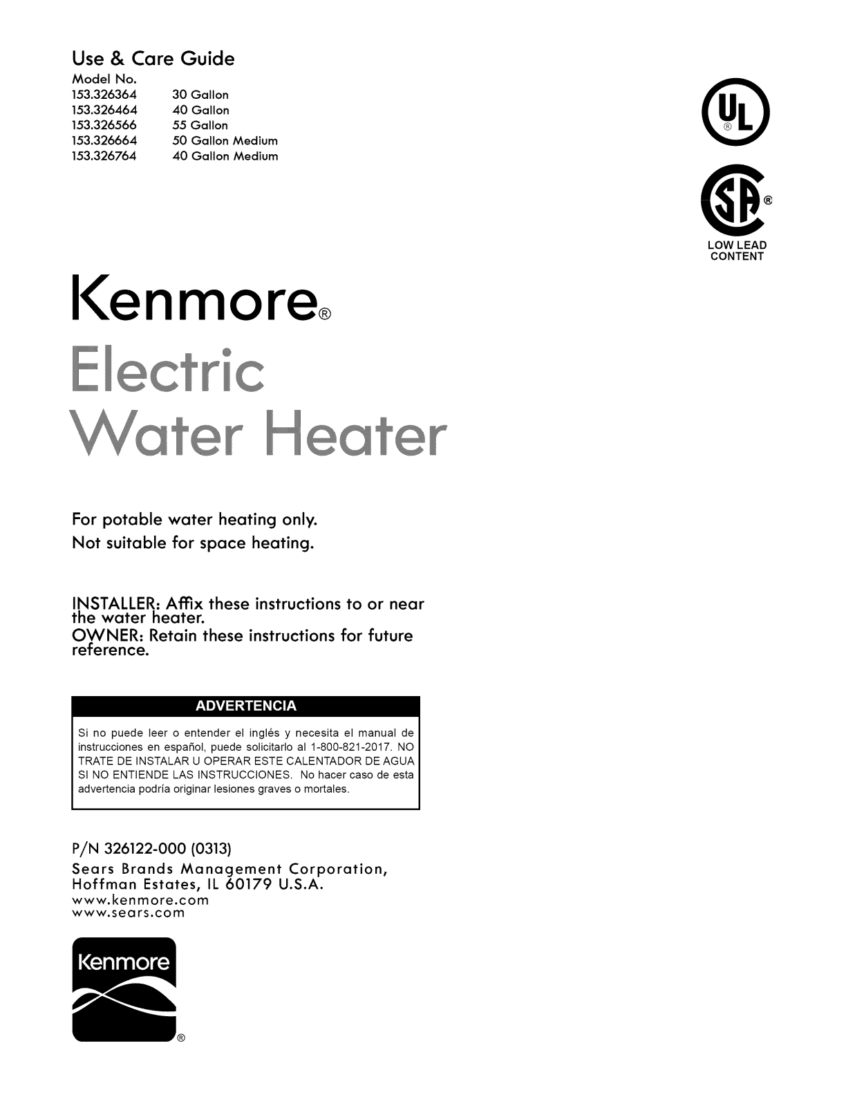 Kenmore 153.326664, 153.326764, 153.326464, 153.326566, 153.326364 User Manual