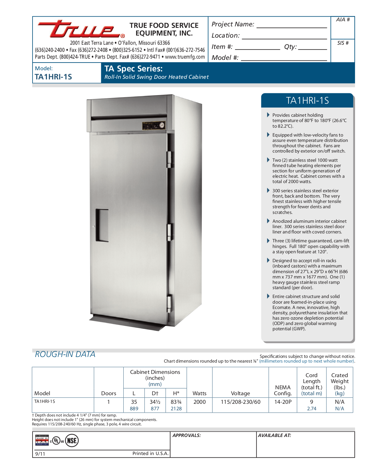 True TA1HRI-1S User Manual