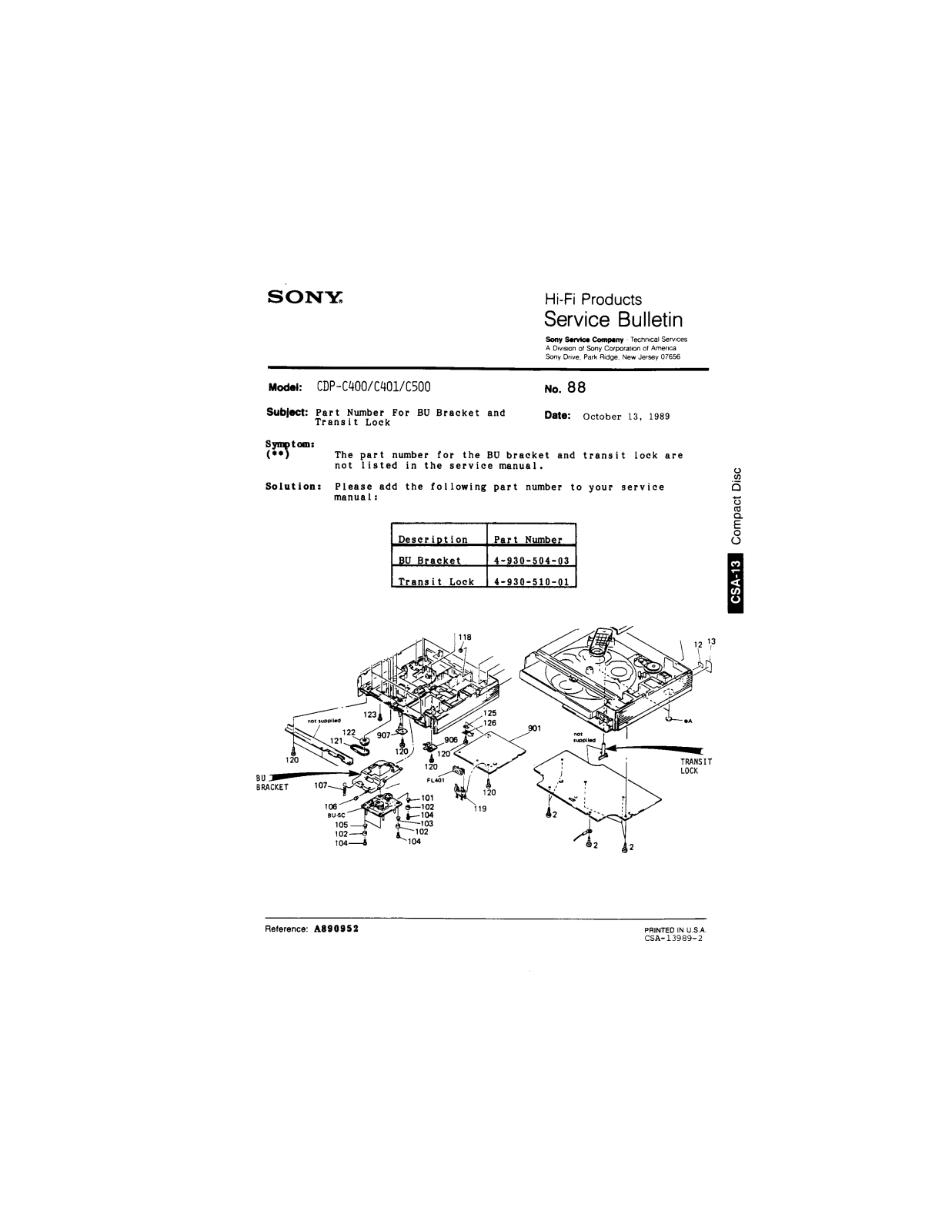 Sony CDP-C400, CDP-C401, CDP-C500 Service Manual