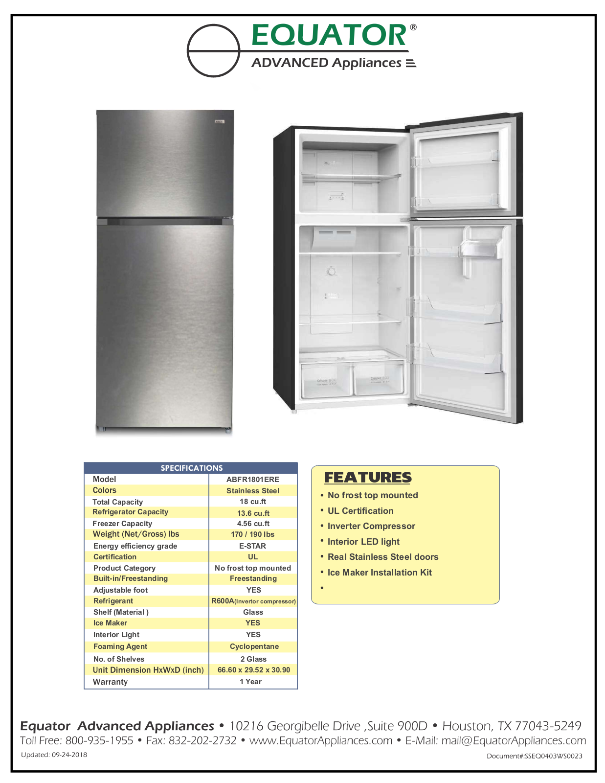 Equator ATFR1801ESE Specifications