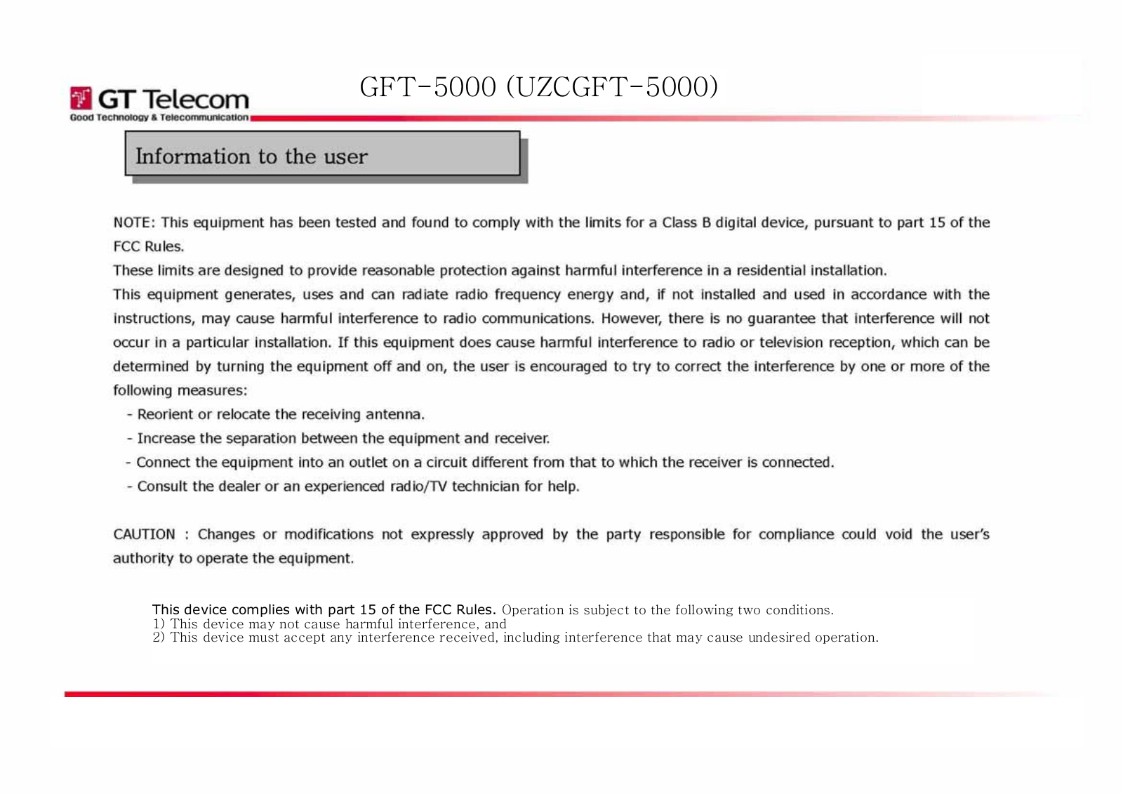 GT Telecom GFT-5000, UZCGFT-5000 User Manual