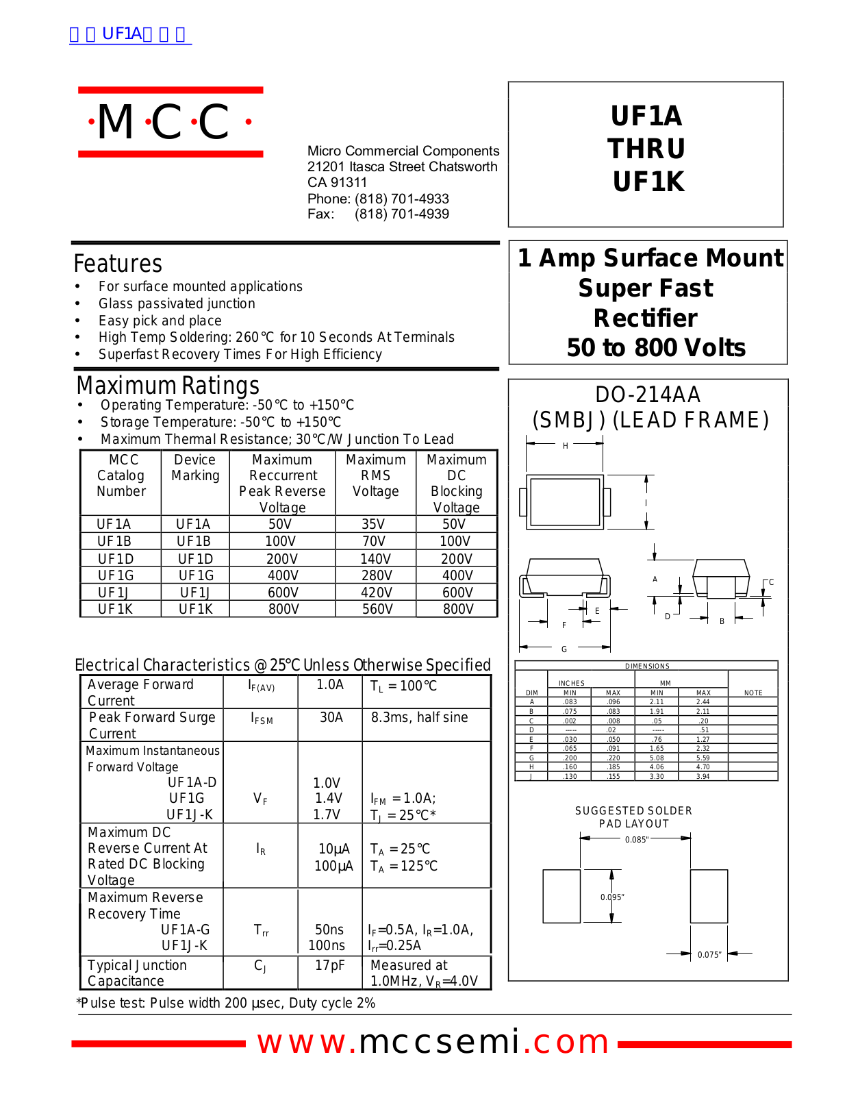 Micro Commercial Components UF1A, UF1K Technical data