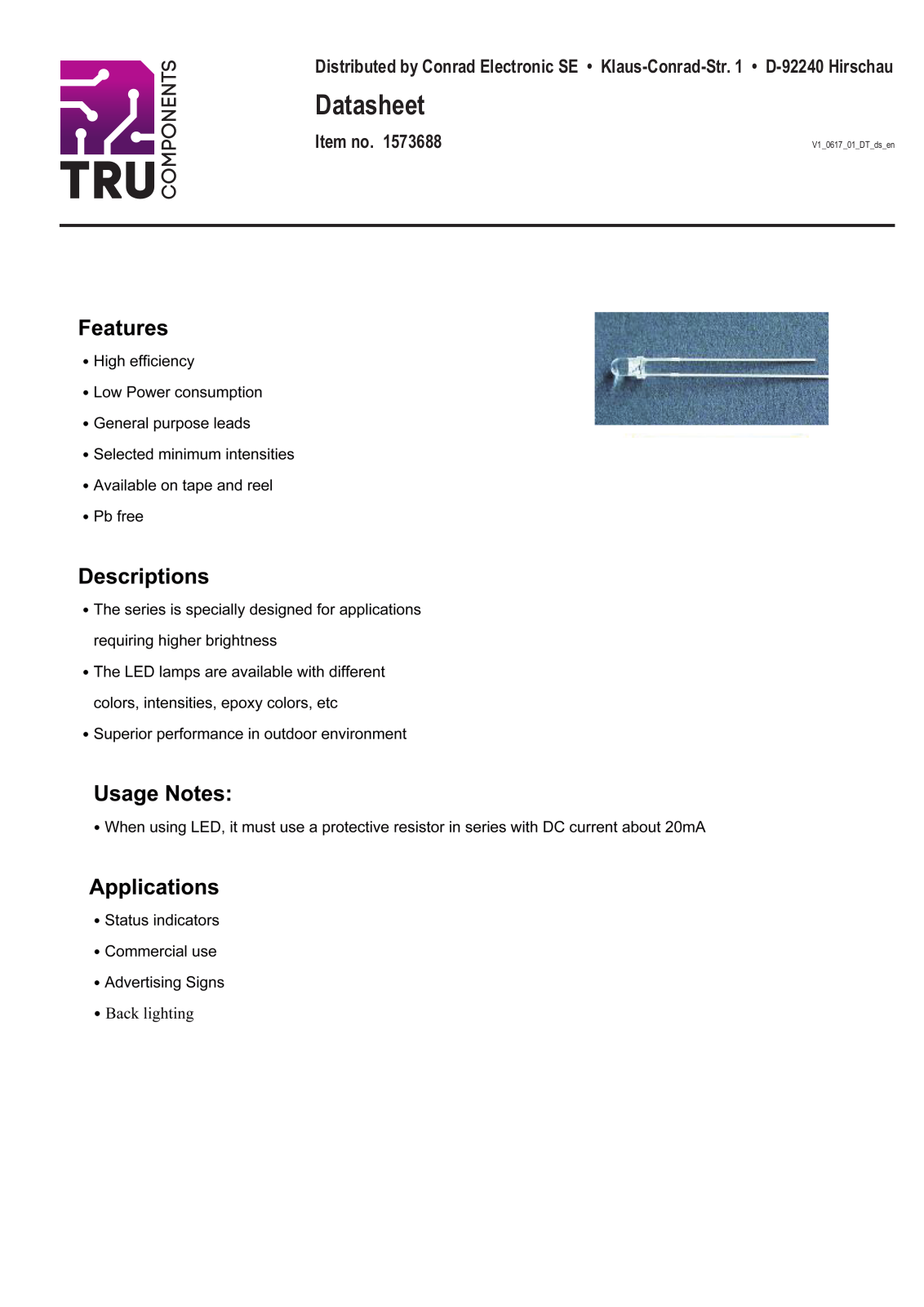 TRU COMPONENTS 1573688 Data Sheet