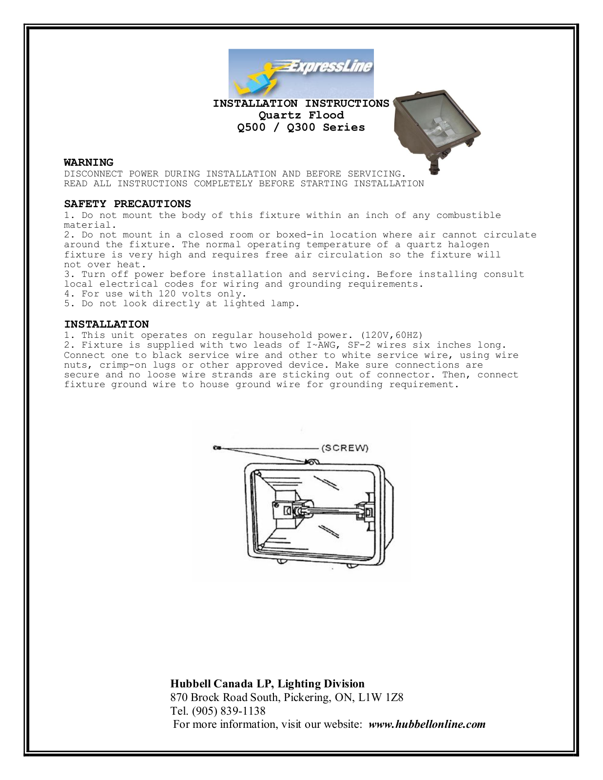 Hubbell Q500, Q300 Installation Instructions Manual