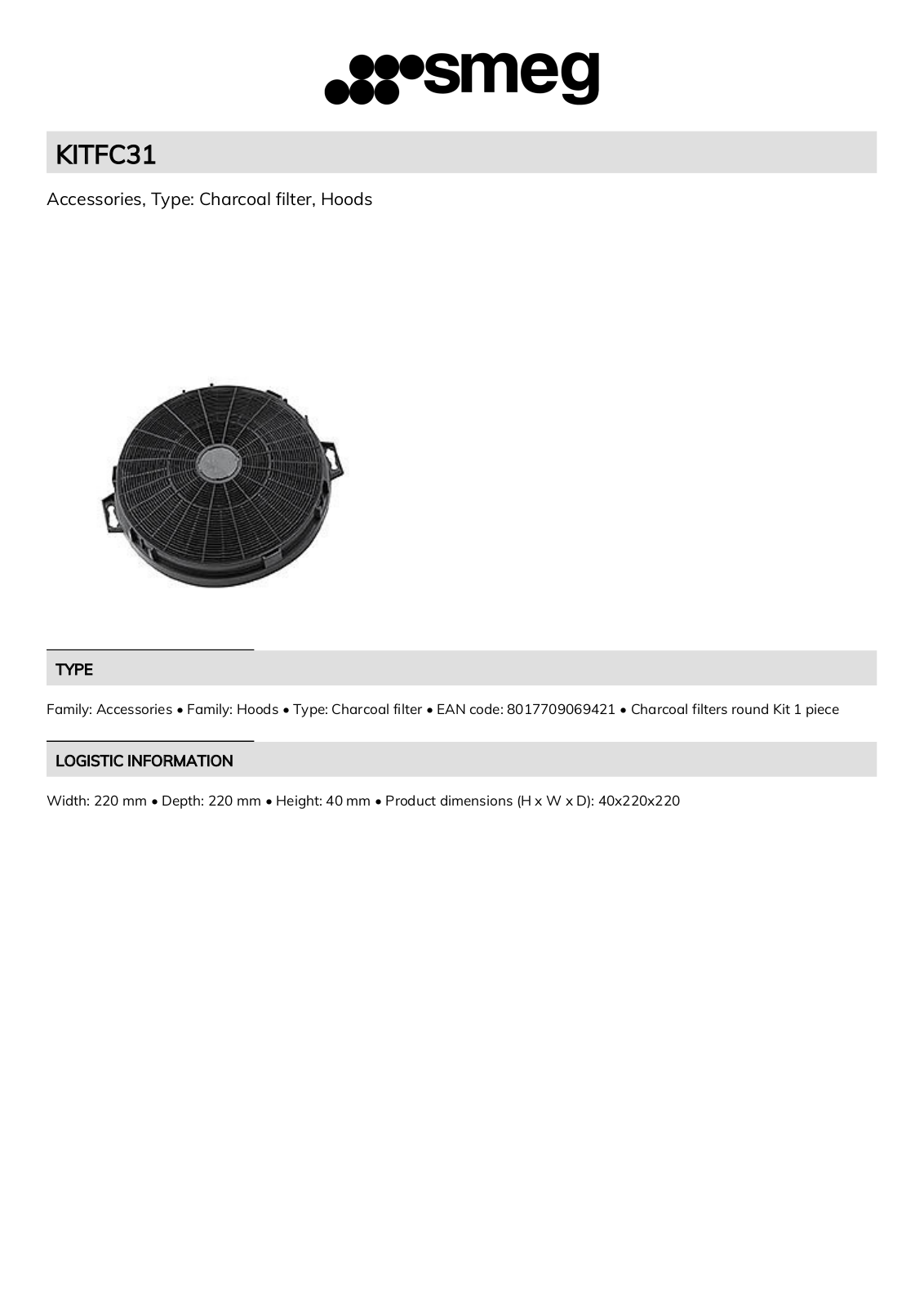 Smeg KITFC31 Technical sheet