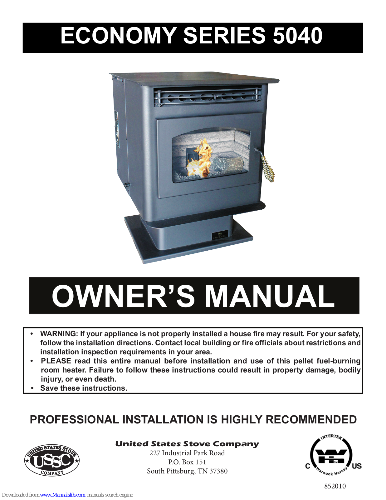 United States Stove Company ECONOMY SERIES 5040 Owner's Manual