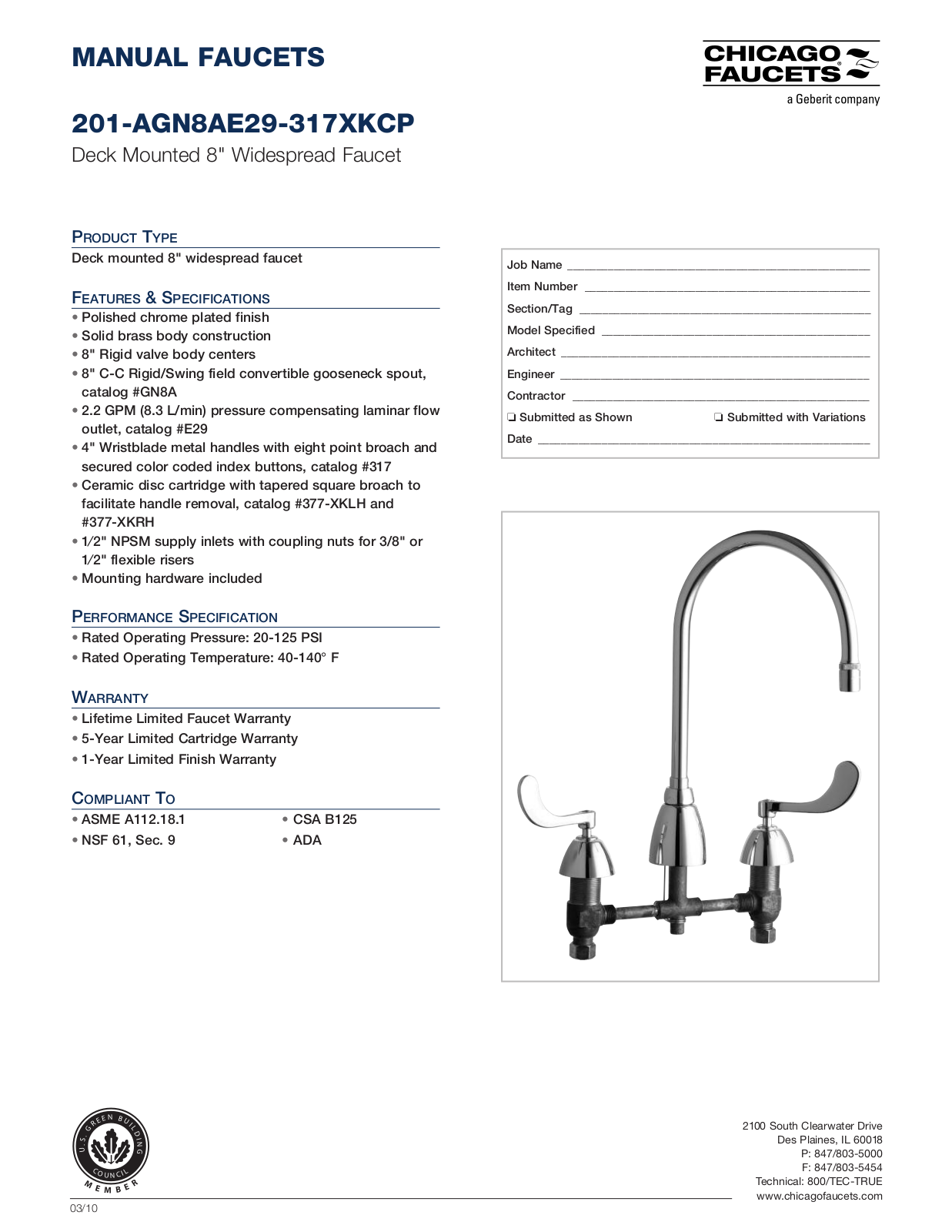 Chicago Faucet 201-AGN8AE29-317XK Specifications