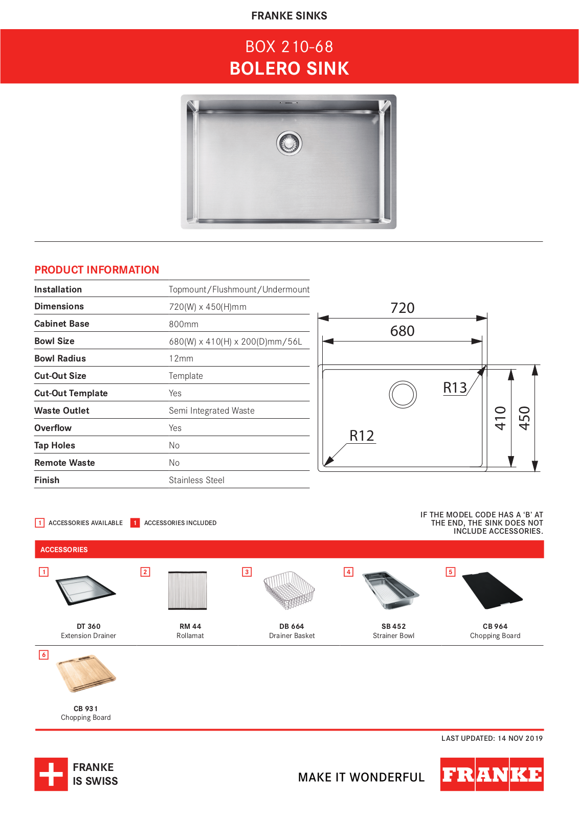 Franke BOX210-68 Specifications Sheet