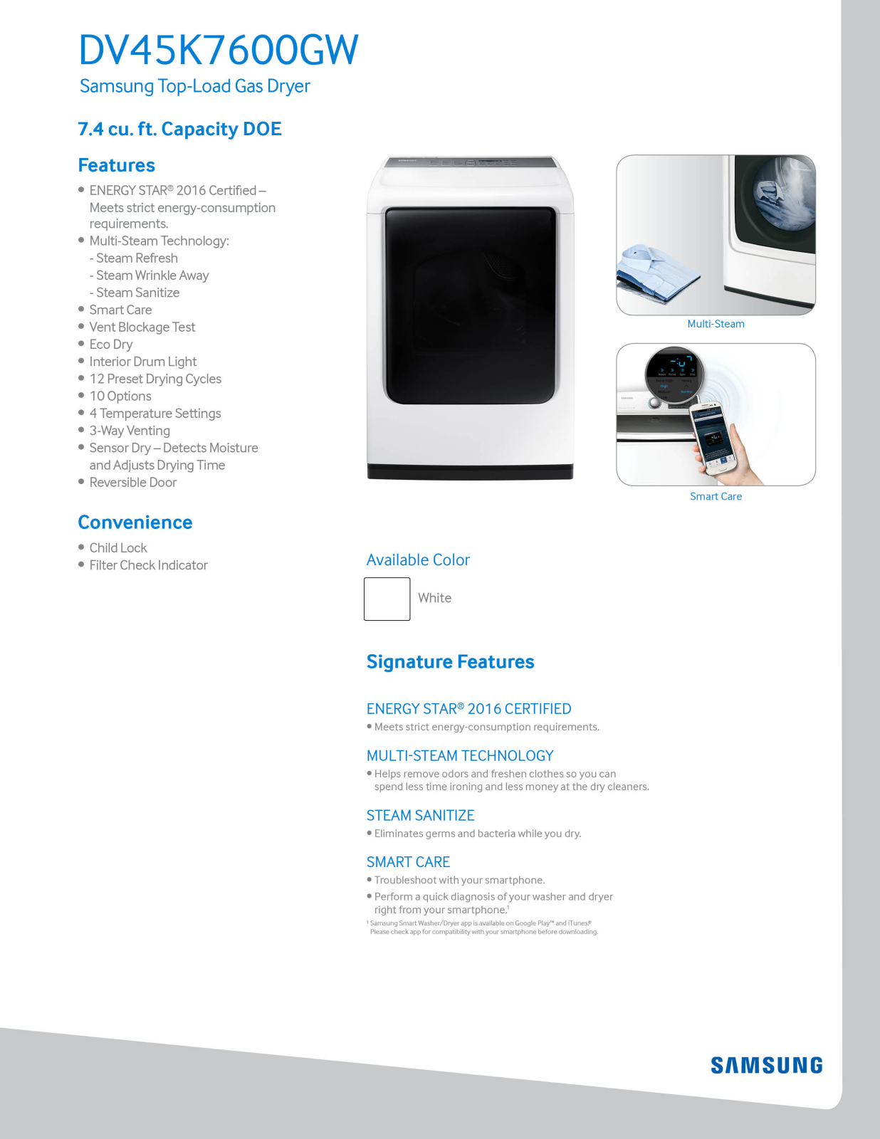 Samsung DV45K7600GW Specifications