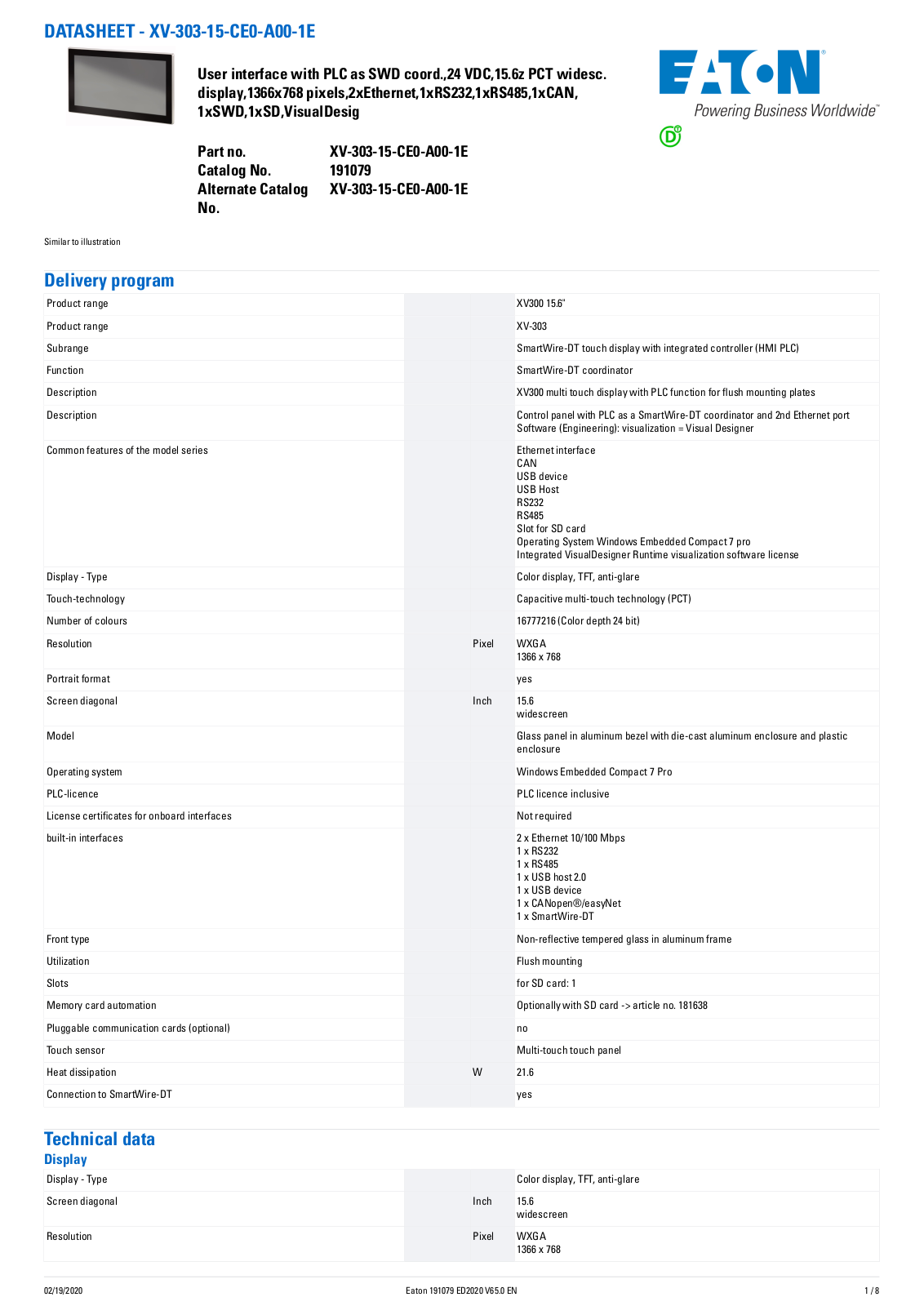 Cutler Hammer, Div of Eaton Corp XV-303-15-CE0-A00-1E Data Sheet