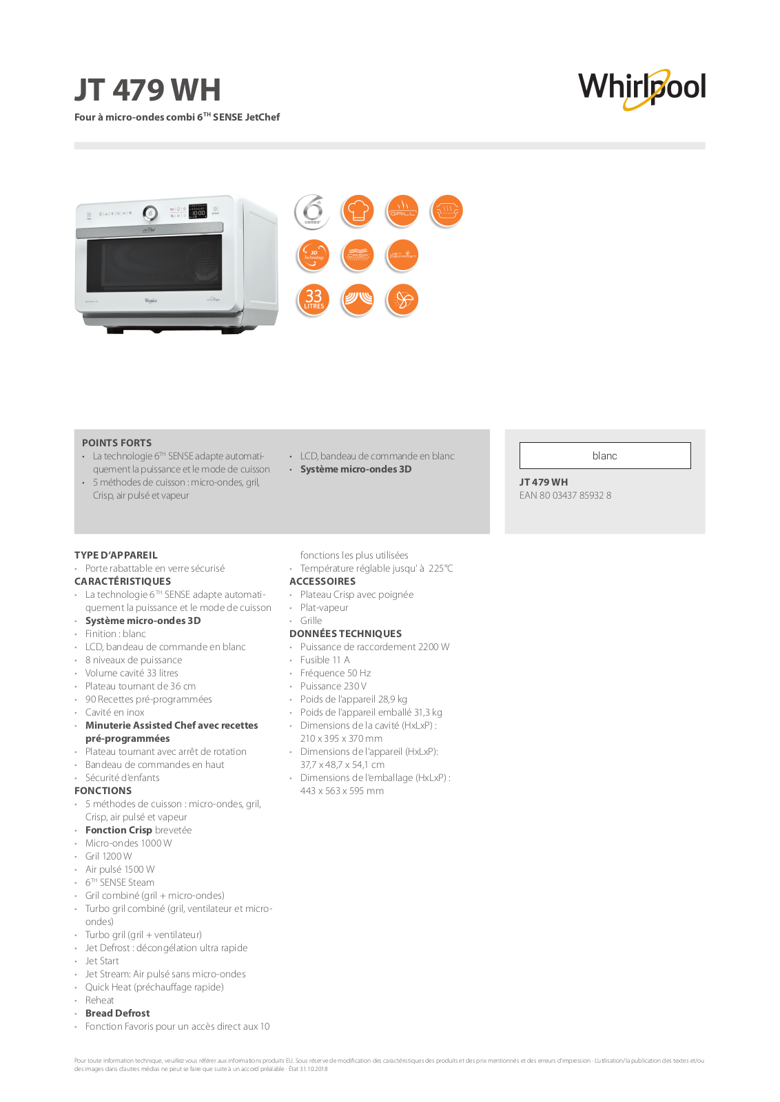 Whirlpool JT 479 WH Product information