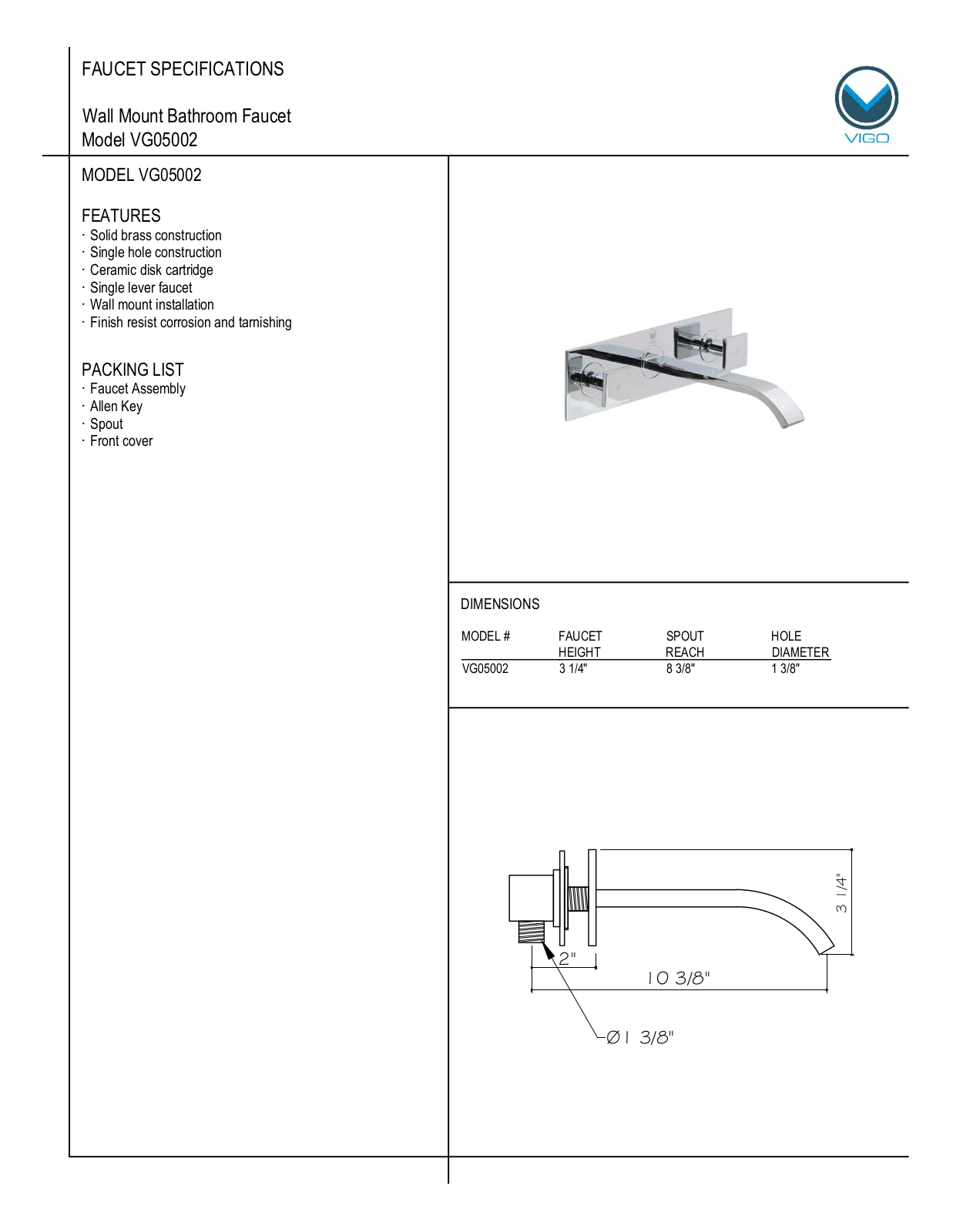 Vigo VG05002BN Specifications