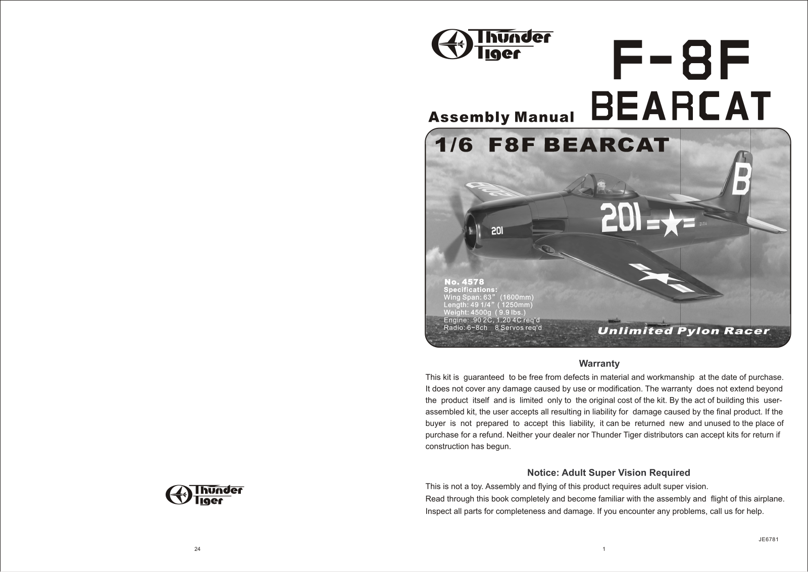 Thunder Tiger F-8F BEARCAT User Manual