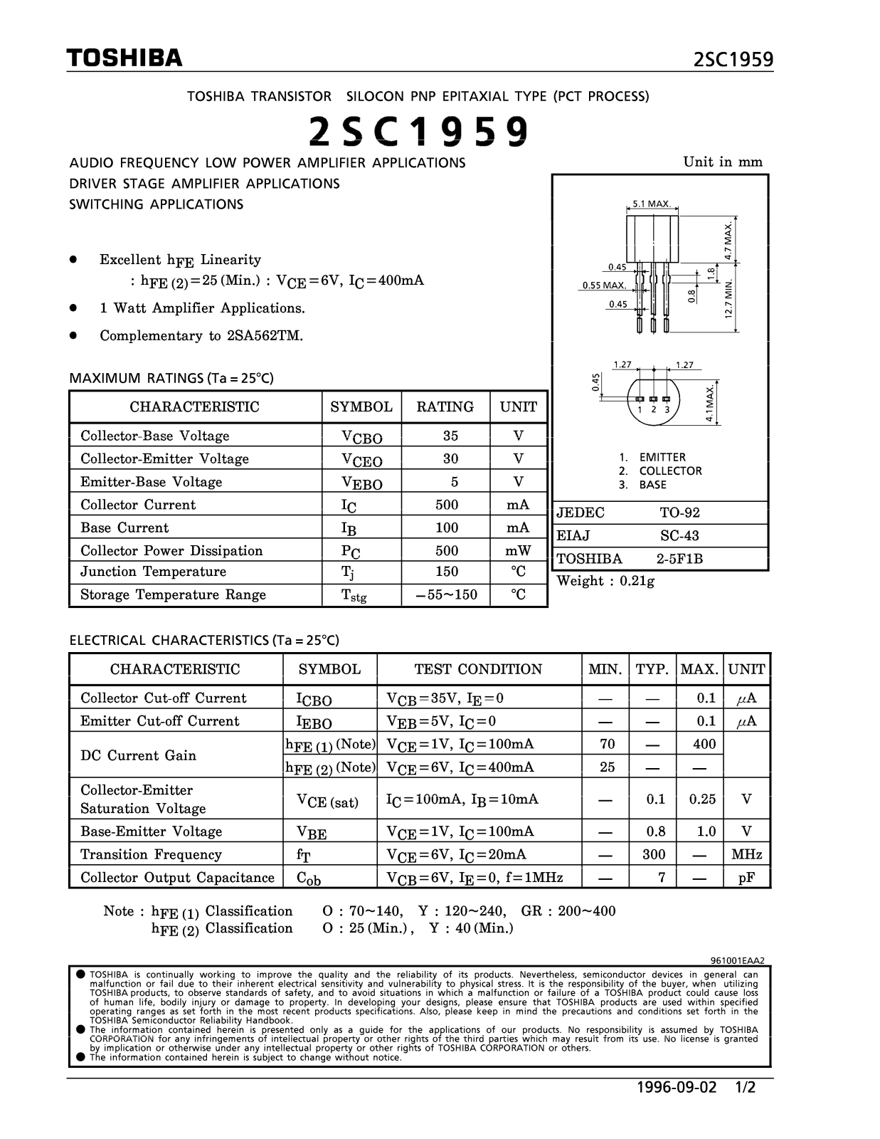 Datasheet 2SC1959 Specification - ManualMachine.com