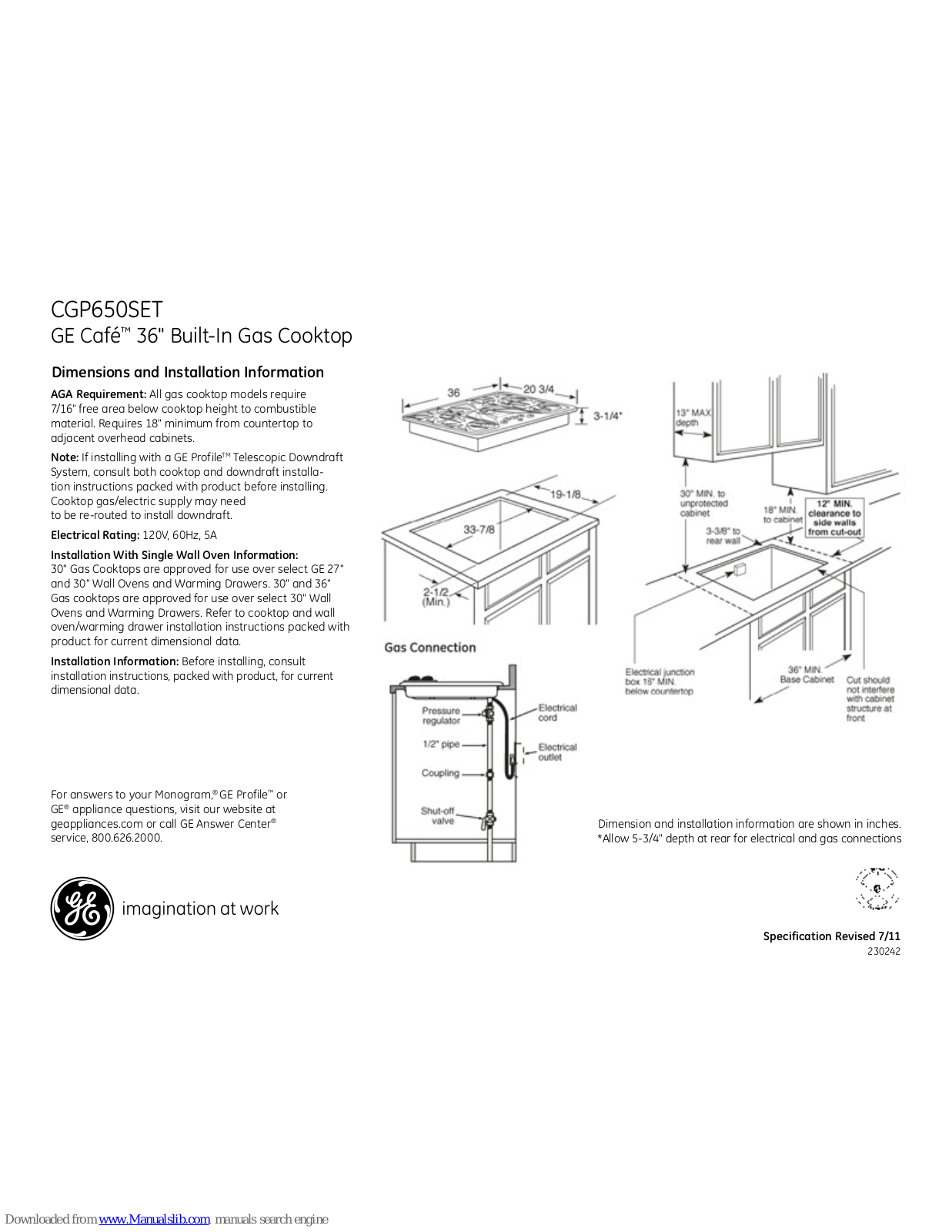 GE Cafe CGP650SETSS, Cafe CGP650SET Dimensions And Installation Information