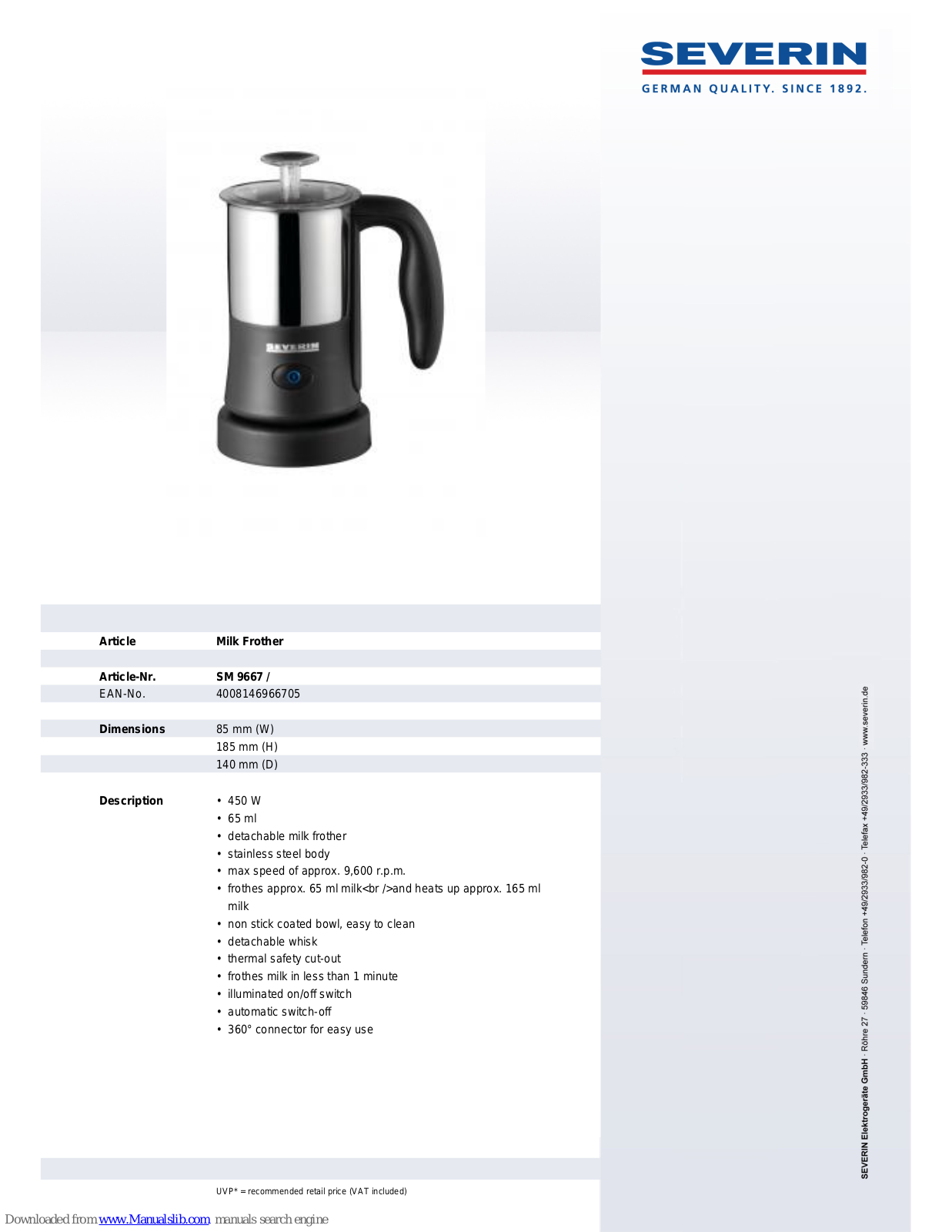 SEVERIN MILCHAUFSCHÄ, UMER SM 9667, SM 9667 Dimensions