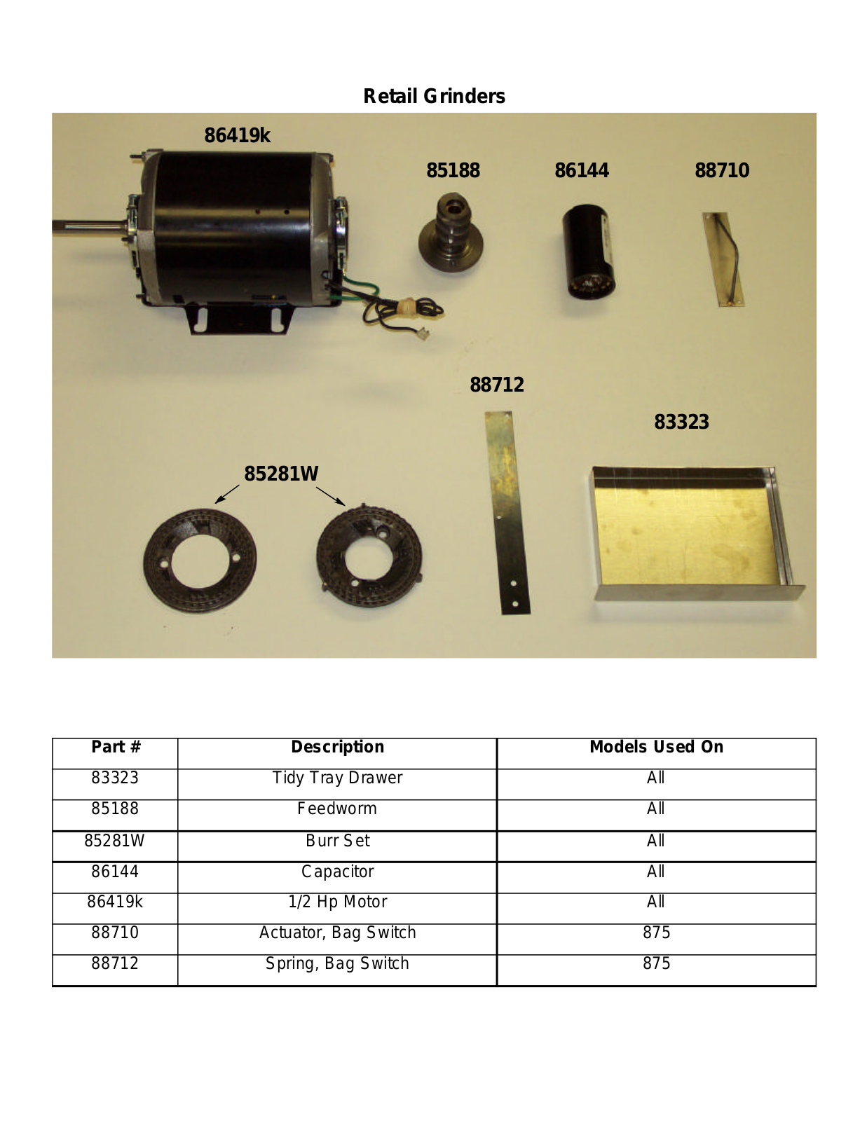 Grindmaster Single Hopper Grinder Parts List