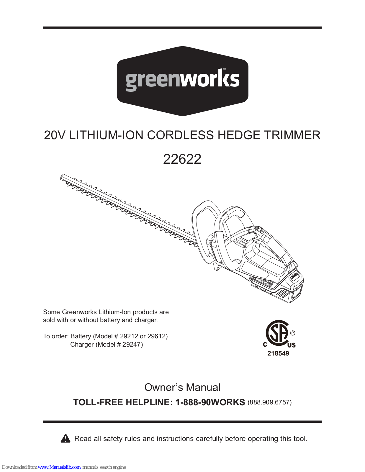 GreenWorks 22622 Owner's Manual