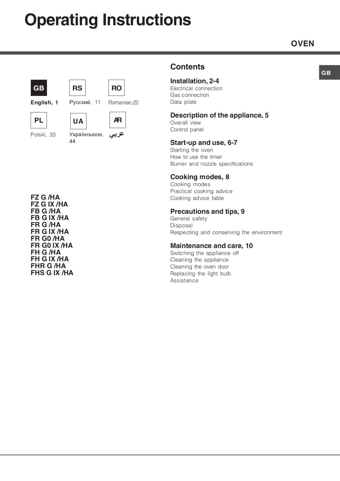 Hotpoint Ariston FZ G /HA, FZ G IX /HA, FB G /HA, FB G IX /HA, FR G /HA Operating Instructions Manual