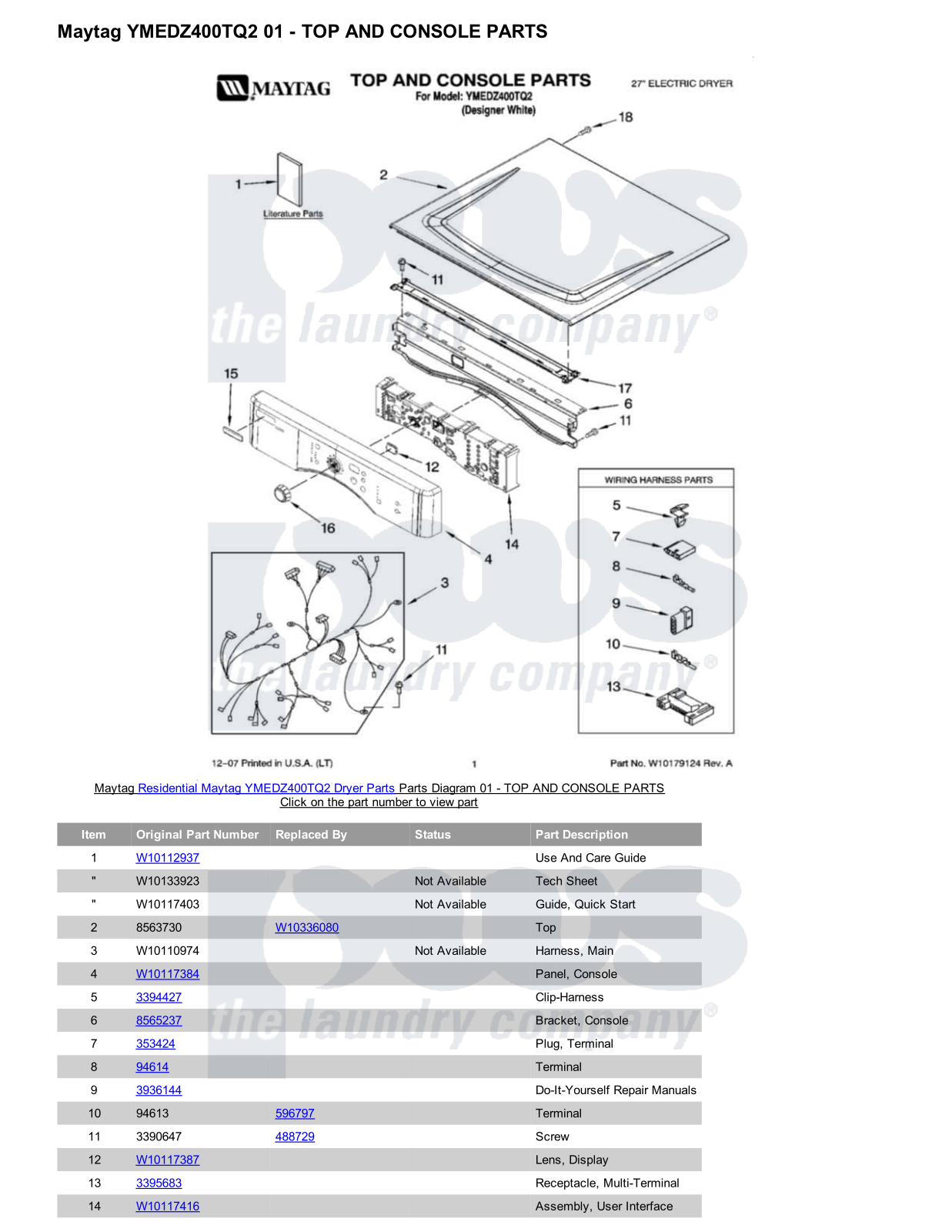 Maytag YMEDZ400TQ2 Parts Diagram