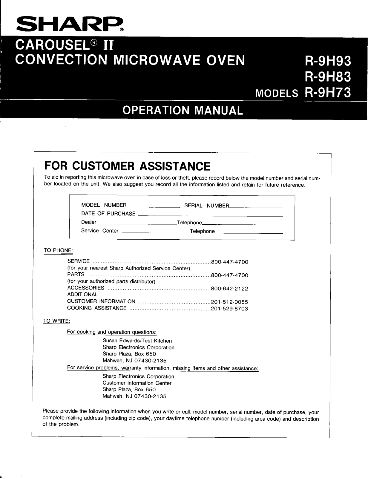 Sharp CAROUSEL II R-9H93, R-9H83, R-9H93, CAROUSEL II R-9H83, CAROUSEL II R-9H73 User Manual