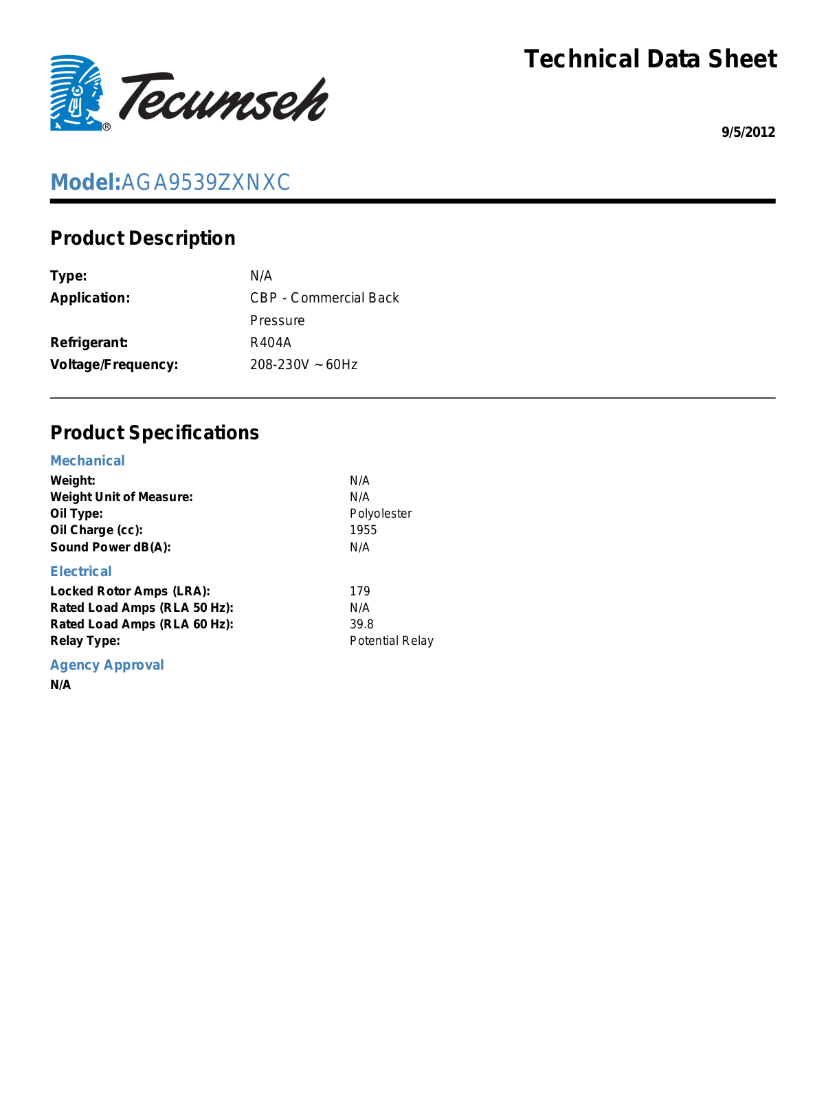 Tecumseh AGA9539ZXNXC User Manual