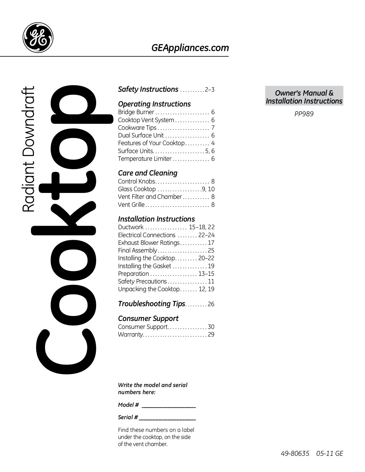 GE PP989TNWW User Manual