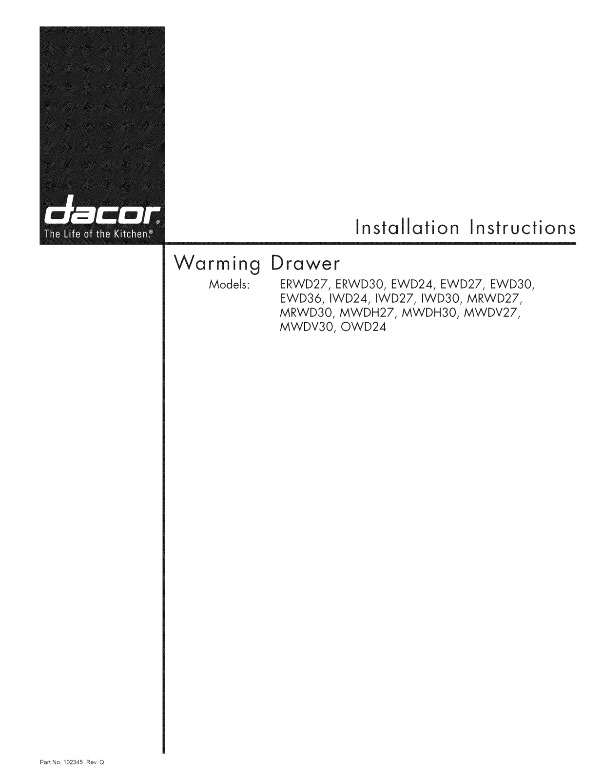 Dacor PWD27AG, PWD27BK, PWD27BU, PWD27GN, PWD27SG Installation Guide