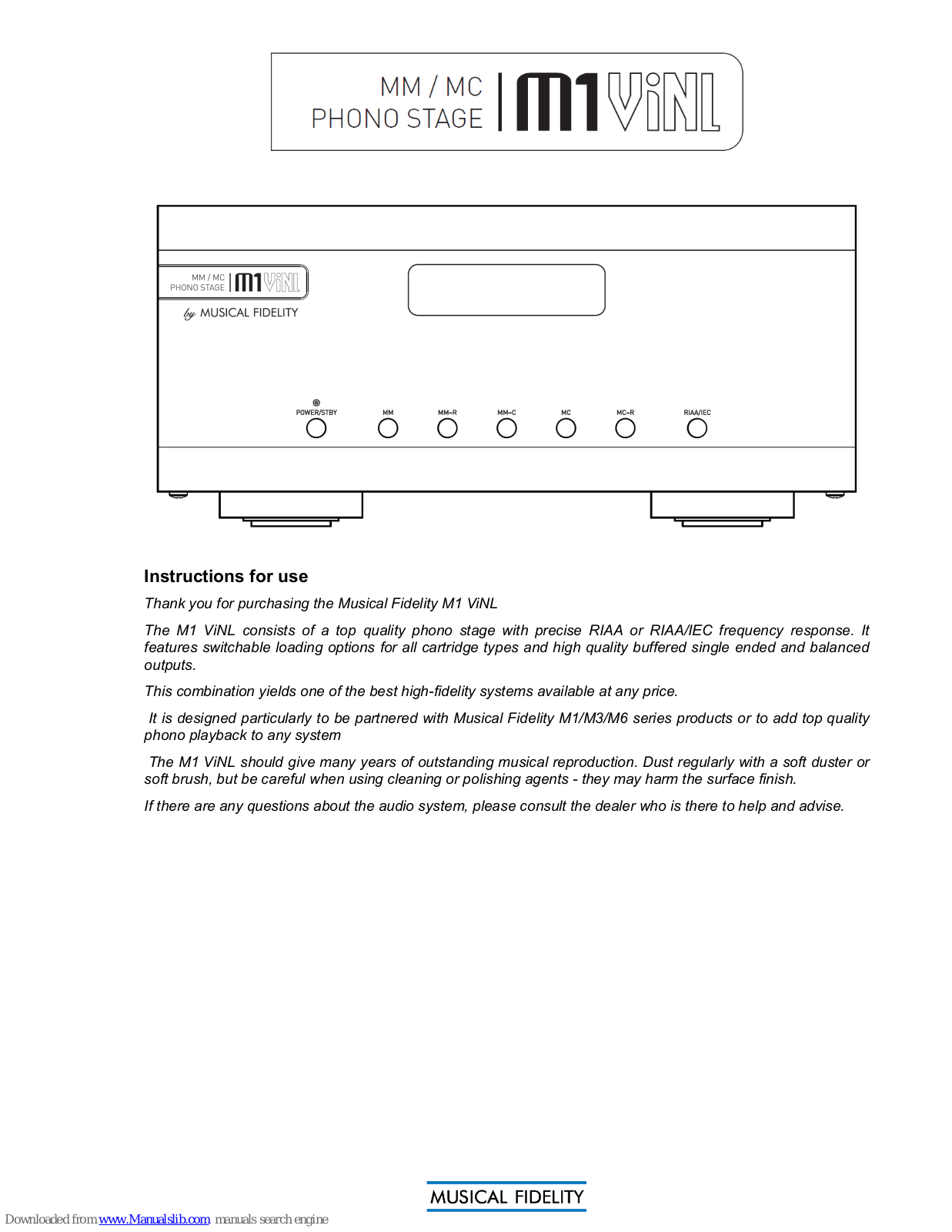 Musical Fidelity MM/MC PHONO STAGE M1 VINL User Manual