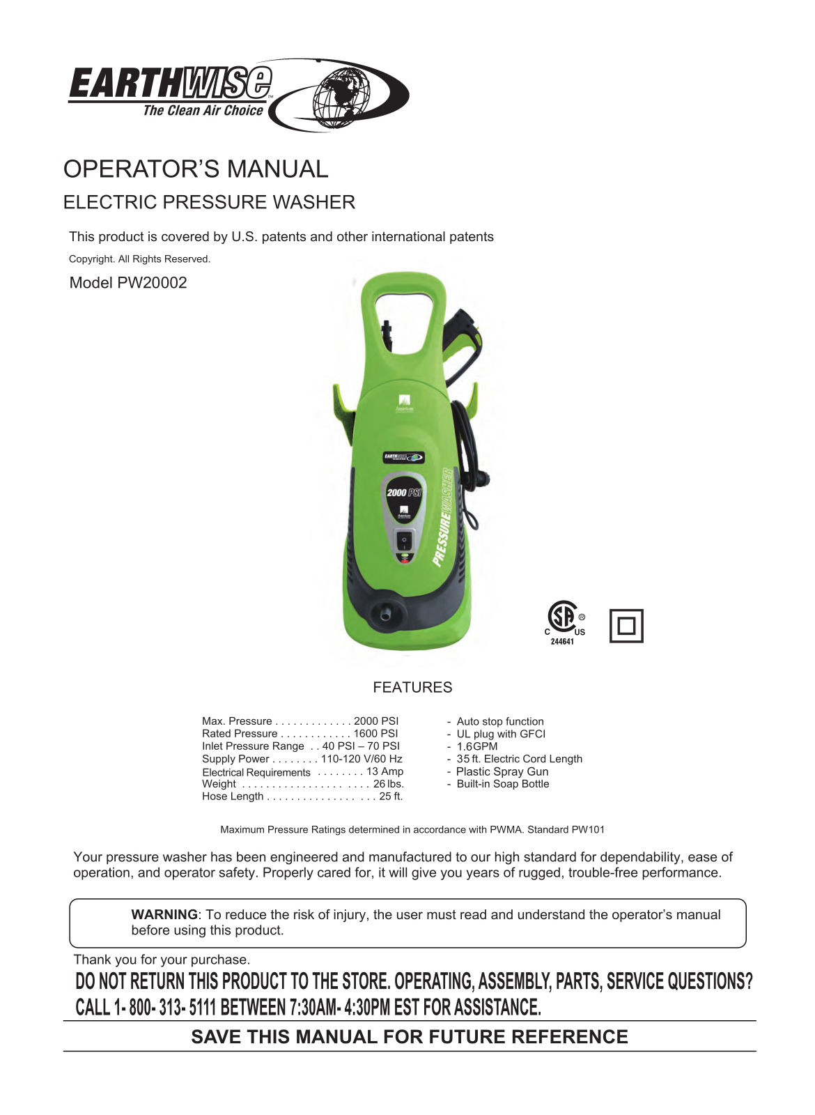 Earthwise PW20002 User Manual