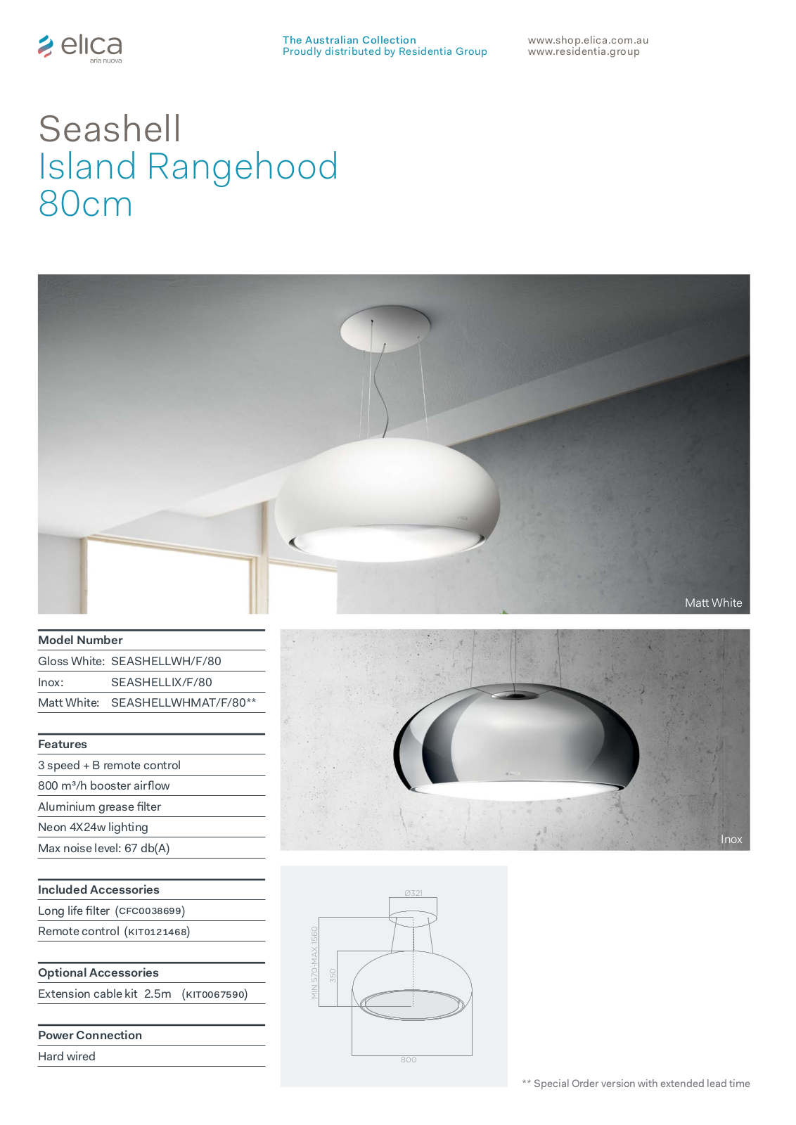 Elica SEASHELLWHMATF80, SEASHELLIXF80, SEASHELLWHF80 Specifications Sheet