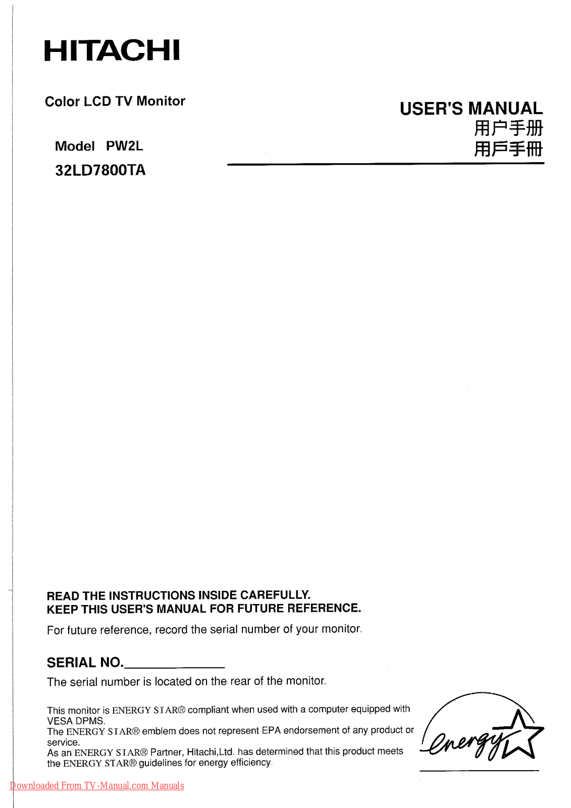 Hitachi 32LD7800TA User Manual