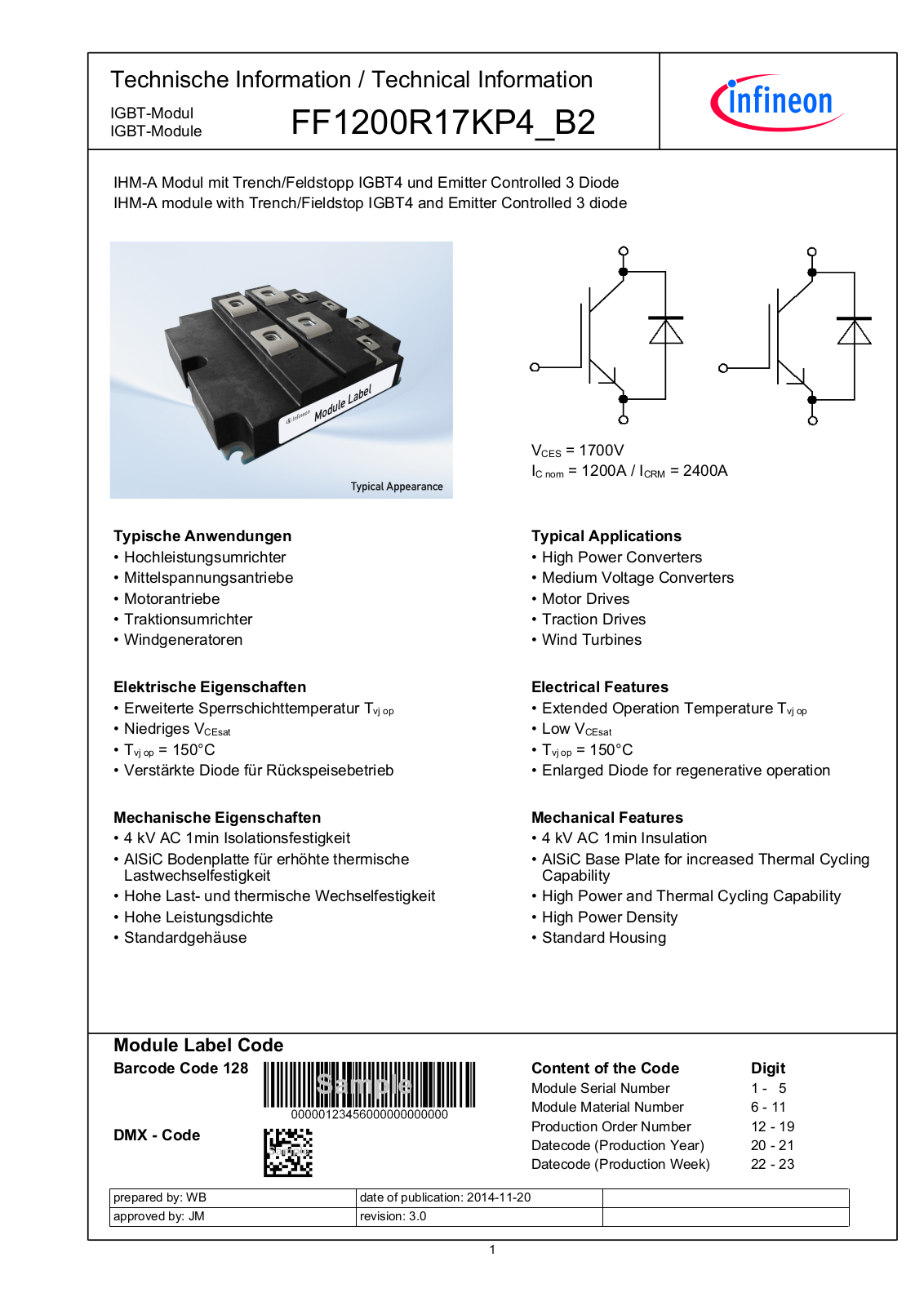 Infineon FF1200R17KP4-B2 Data Sheet