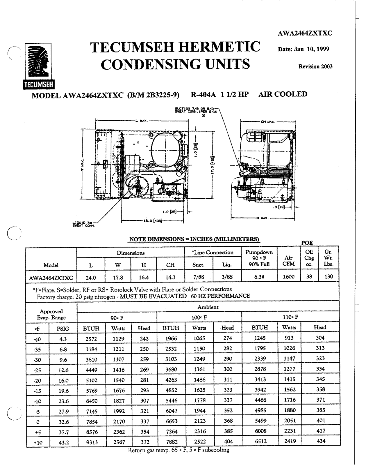 Tecumseh AWA2464ZXTXC Performance Data Sheet