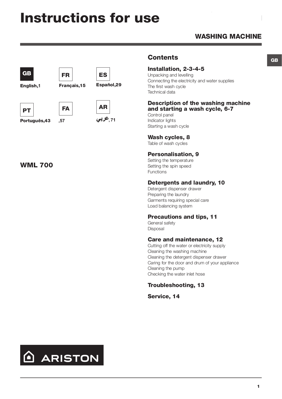 ARISTON WML 700 EX User Manual