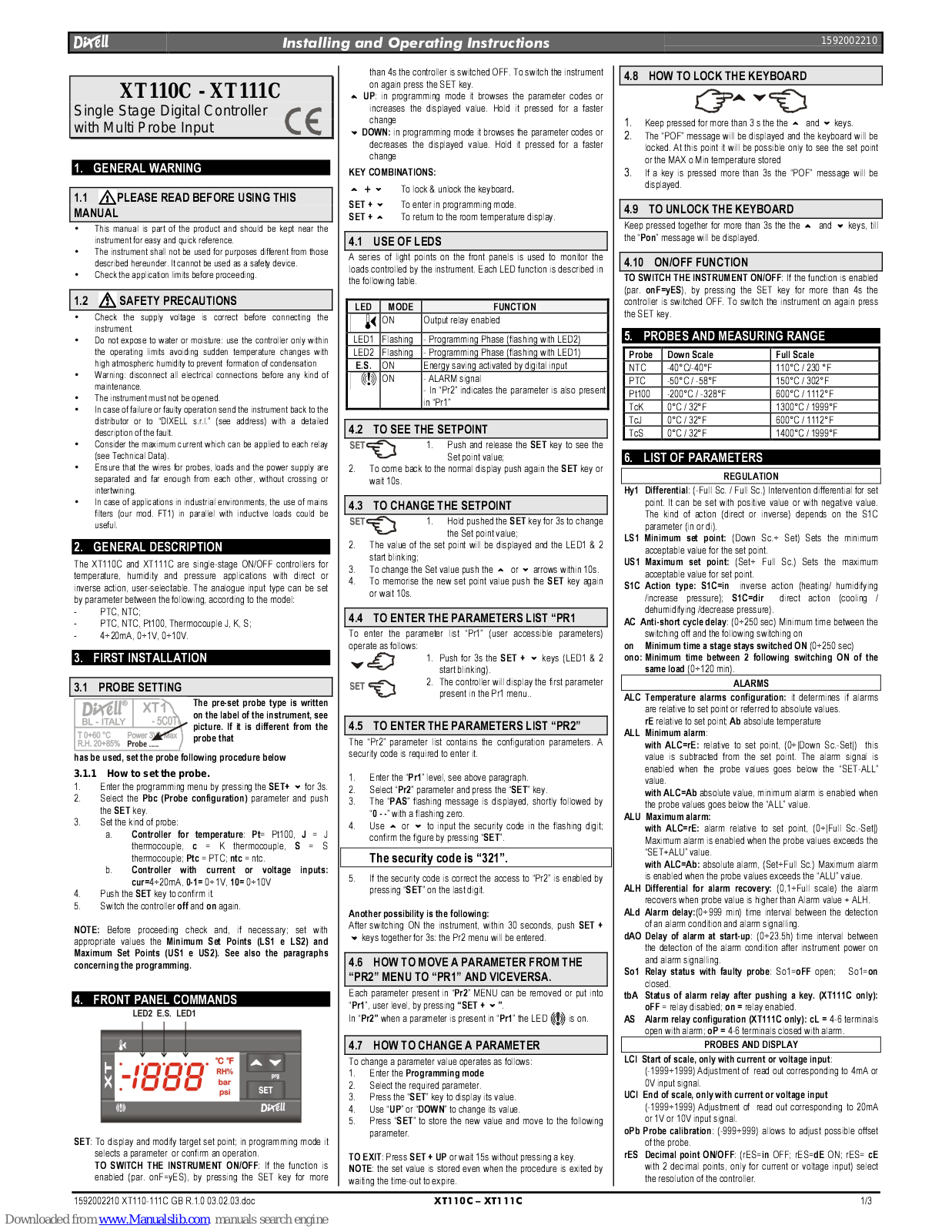 dixell XT110C, XT111C Installation And Operating Instructions Manual