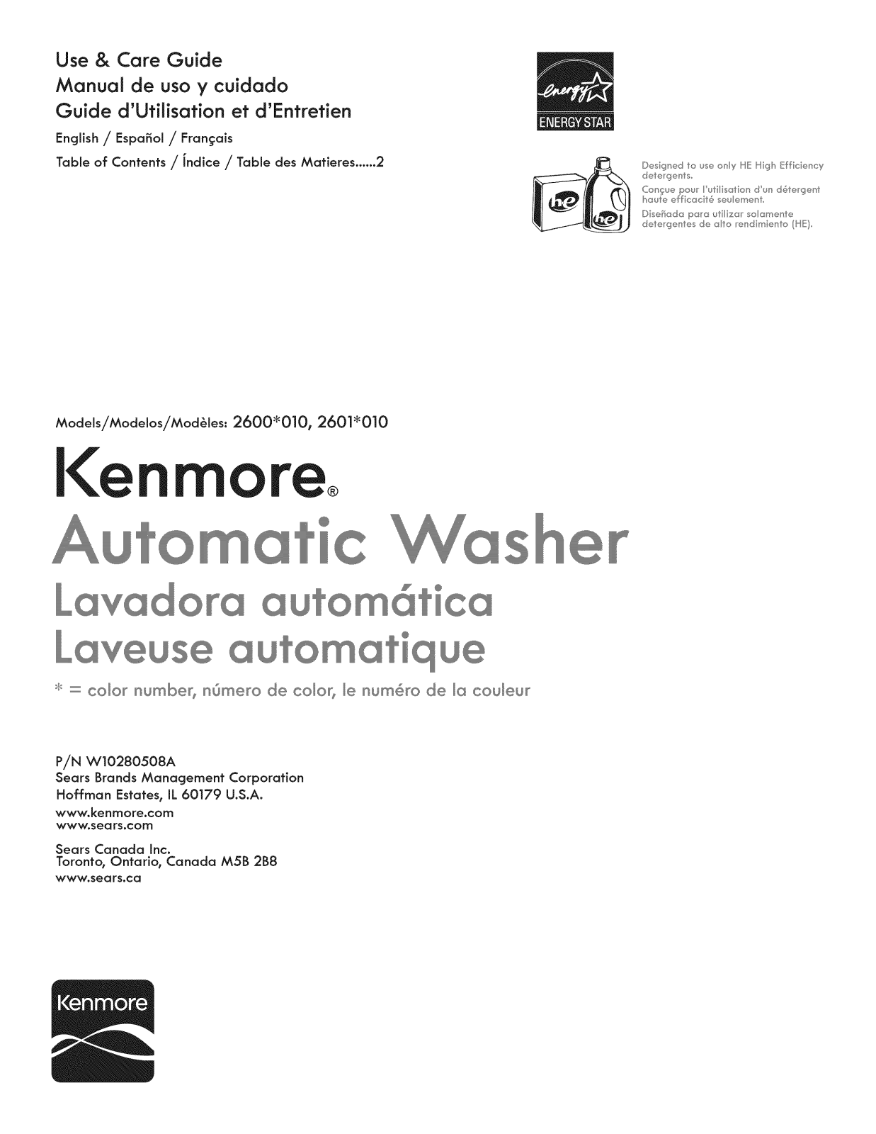 Kenmore 11026012011, 11026002010, 11026012010, 11026002011 Owner’s Manual