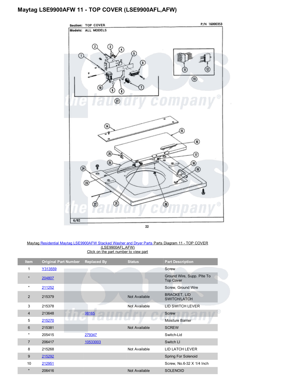 Maytag LSE9900AFW Stacked and Parts Diagram