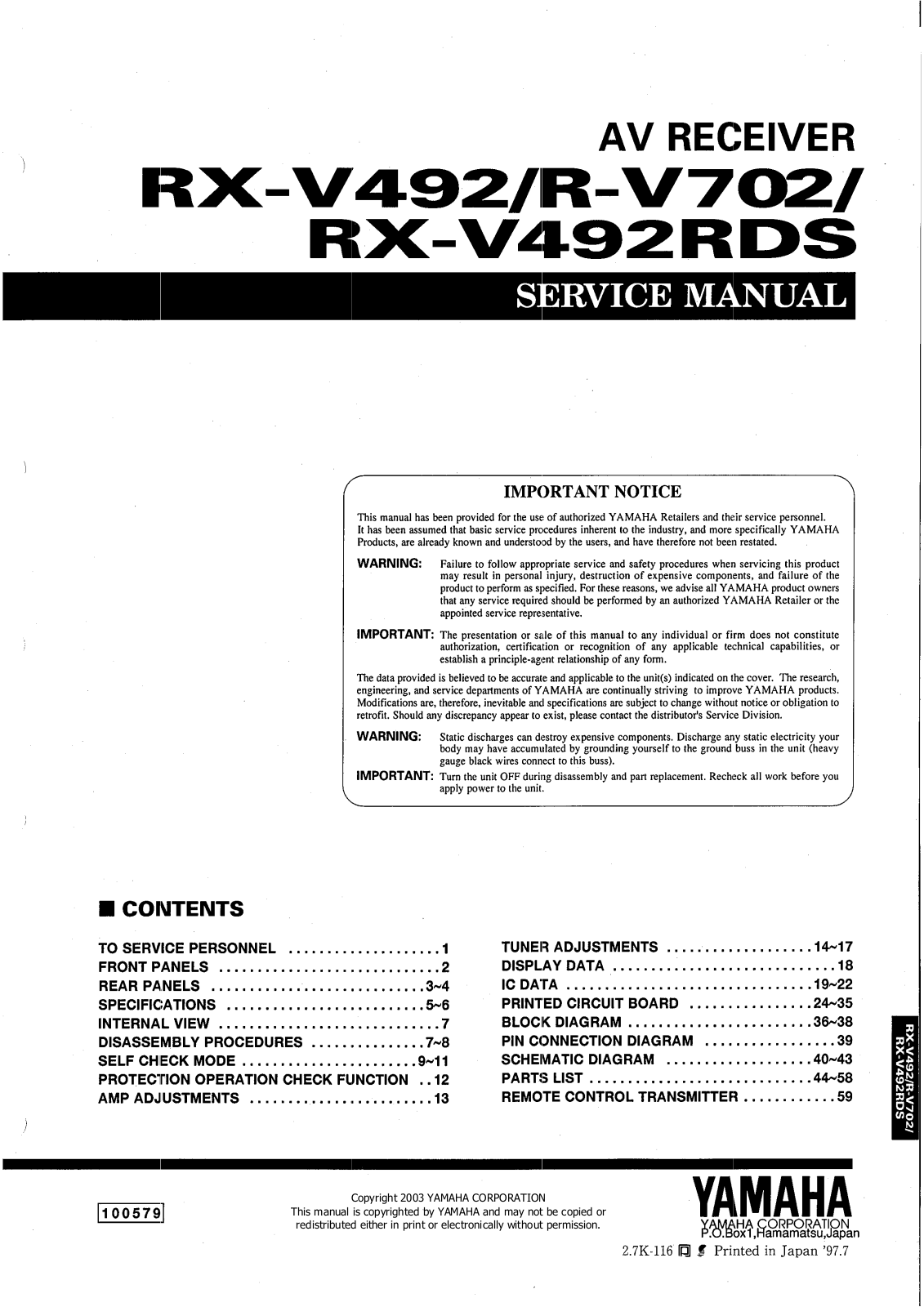 Yamaha RV-702, RXV-492, RXV-492-RDS Service manual