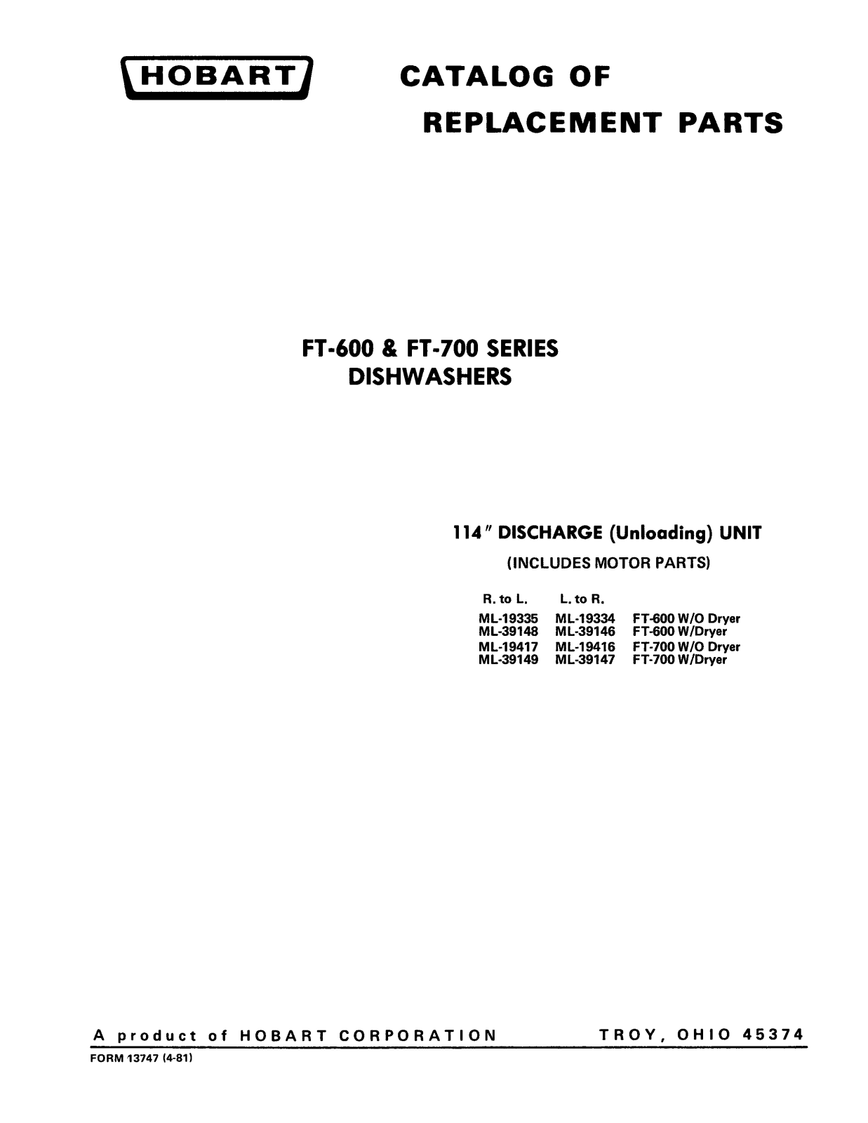 Hobart FT-600 Parts List