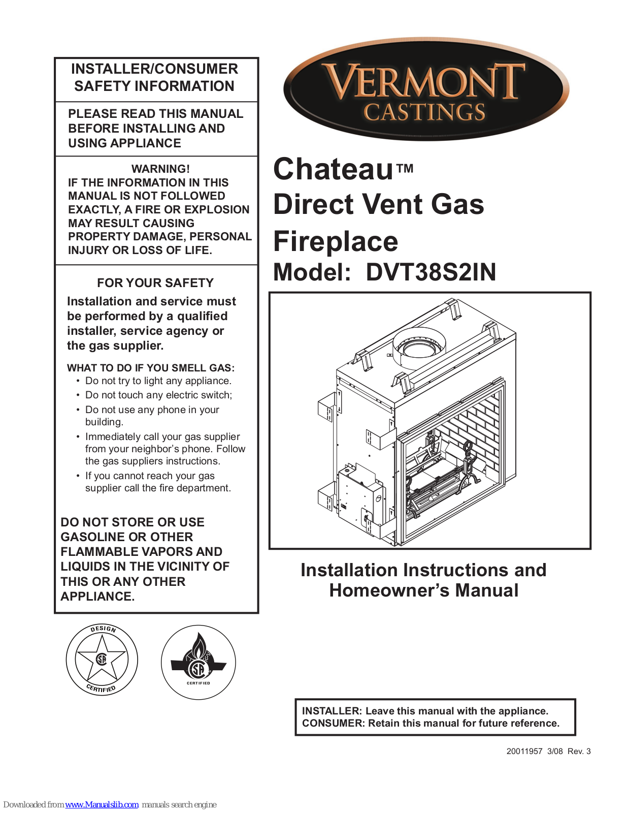 Vermont Castings ChateauTM DTV38s2, Chateau DVT38S2IP Installation And Homeowner's Manual