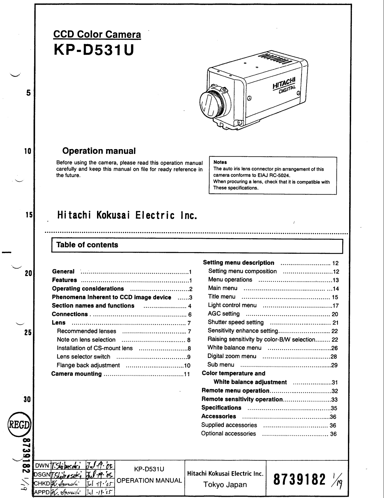 Hitachi Kokusai Electric KP-D531U Operation Manual